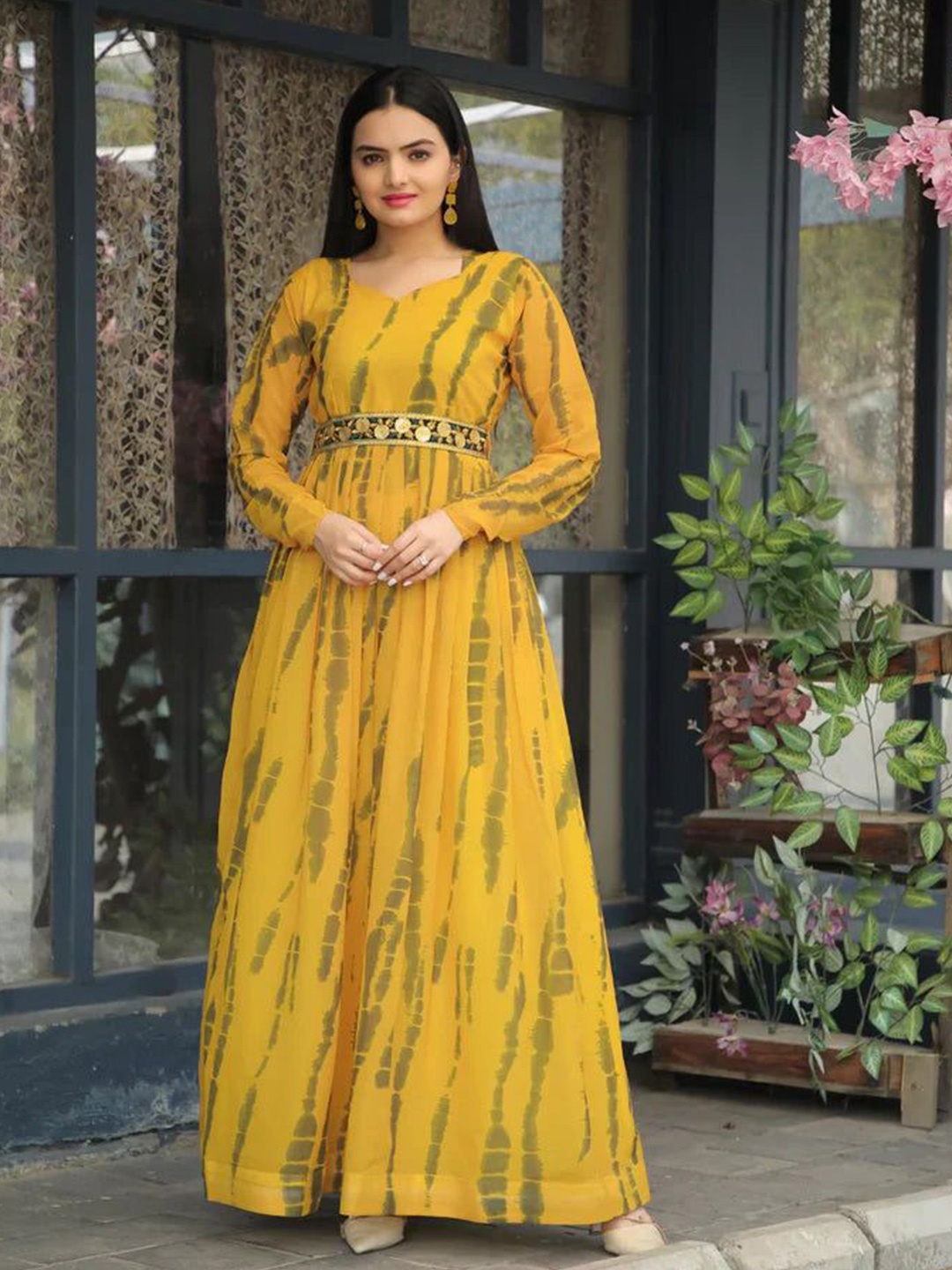 

Handish Tie and Dye Print Georgette Fit & Flare Maxi Dress, Yellow
