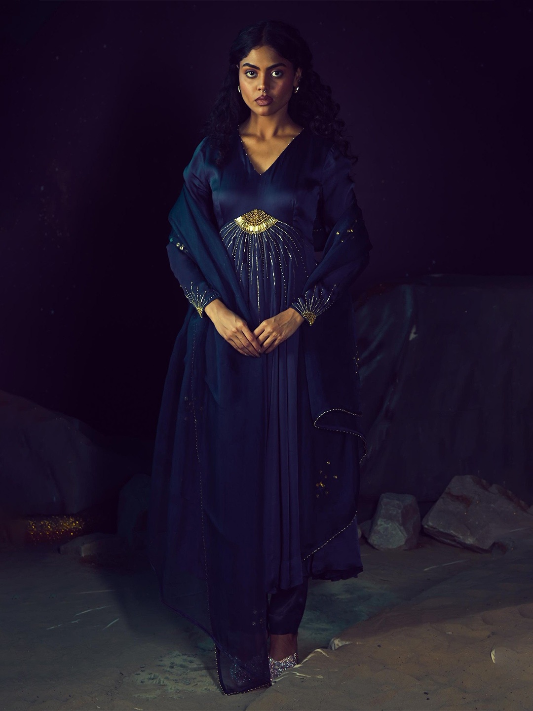 

Baise Gaba Floral Embroidered Beads and Stones Satin Anarkali Kurta With Trouser & Dupatta, Navy blue
