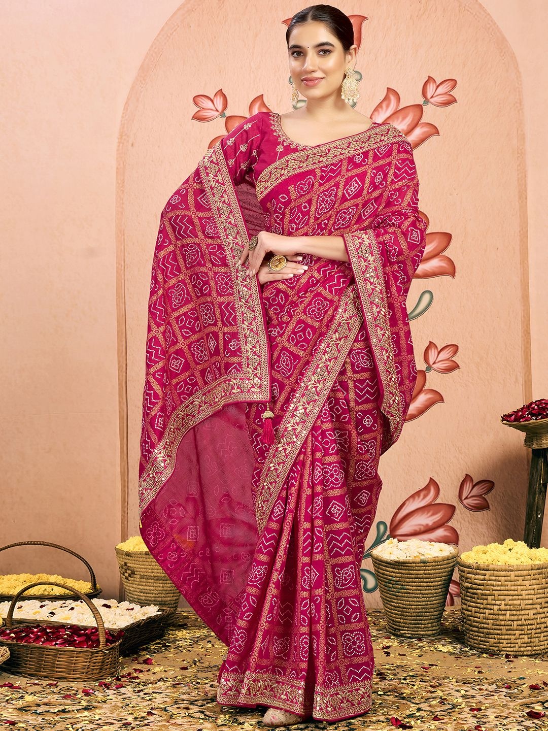 

Satrani Bandhani Embroidered Pure Georgette Bandhani Saree, Pink