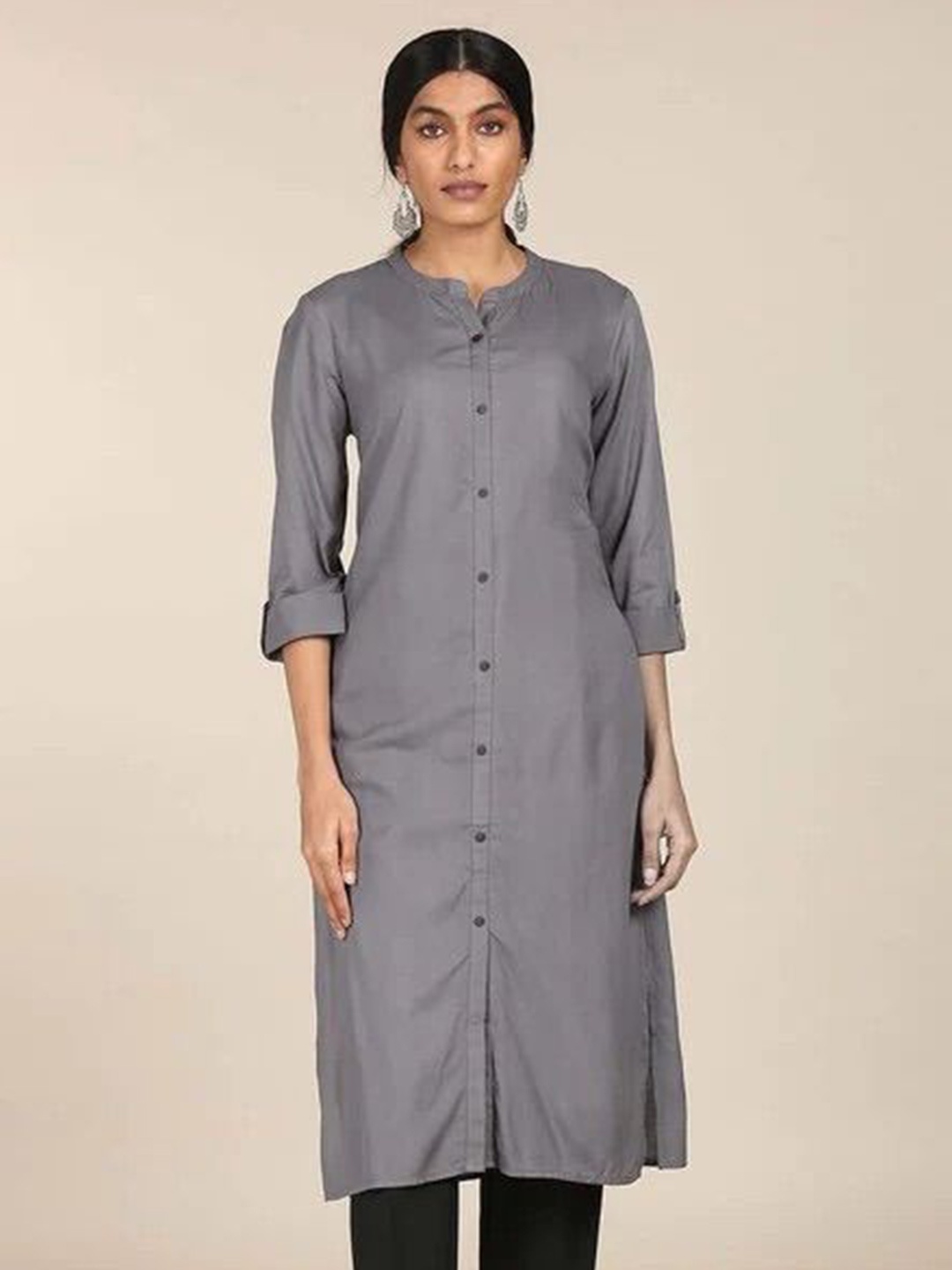 

Moda Rapido Women Mandarin Collar Roll-Up Sleeves Straight Kurta, Grey