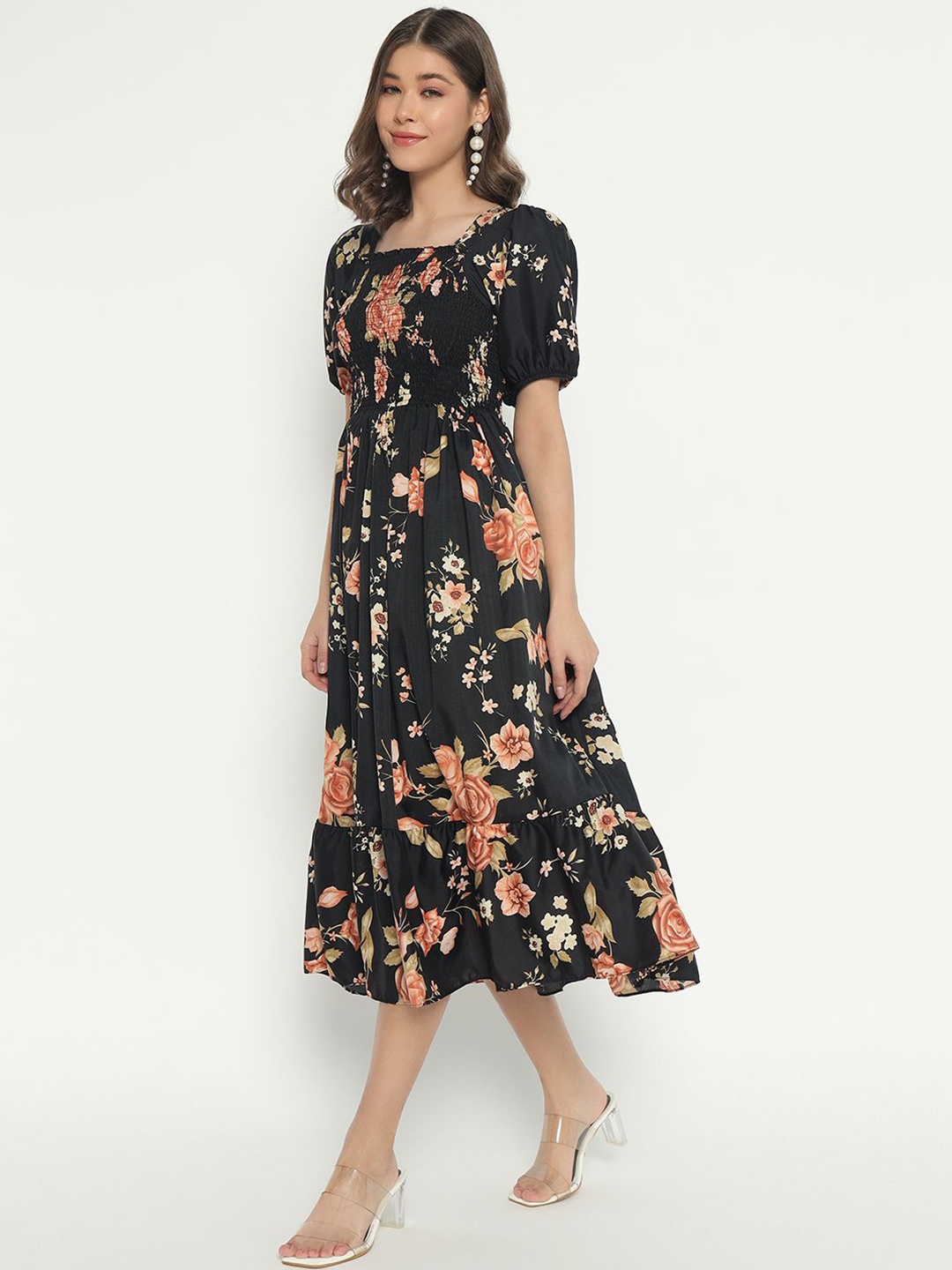 

Femvy Women Floral Printed Puff Sleeves Fit & Flare Midi Dress, Black