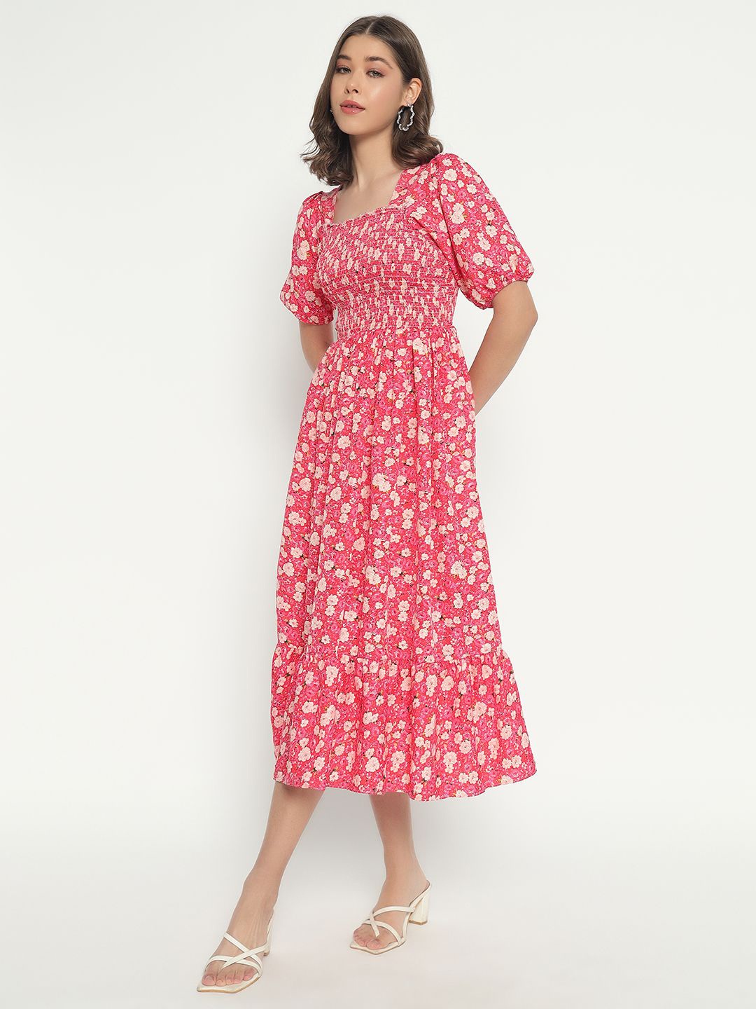 

Krunal Raiyani Floral Printed Fit & Flare Midi Dress, Peach