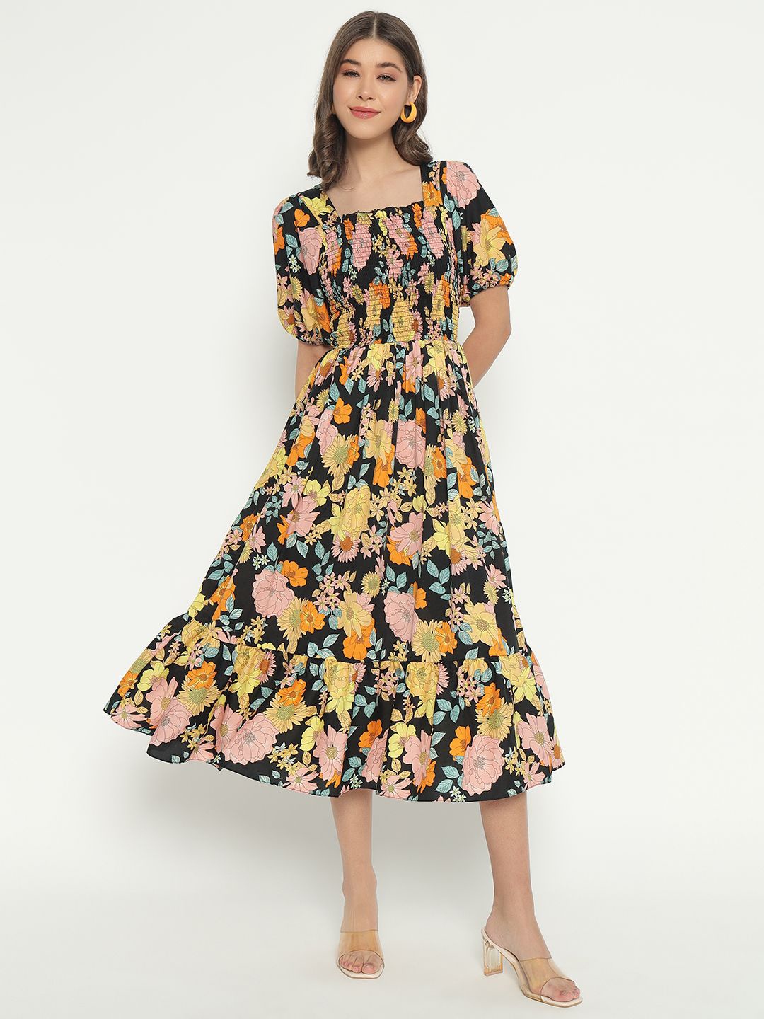 

Femvy Women Floral Printed Applique Crepe Fit & Flare Midi Dress, Yellow