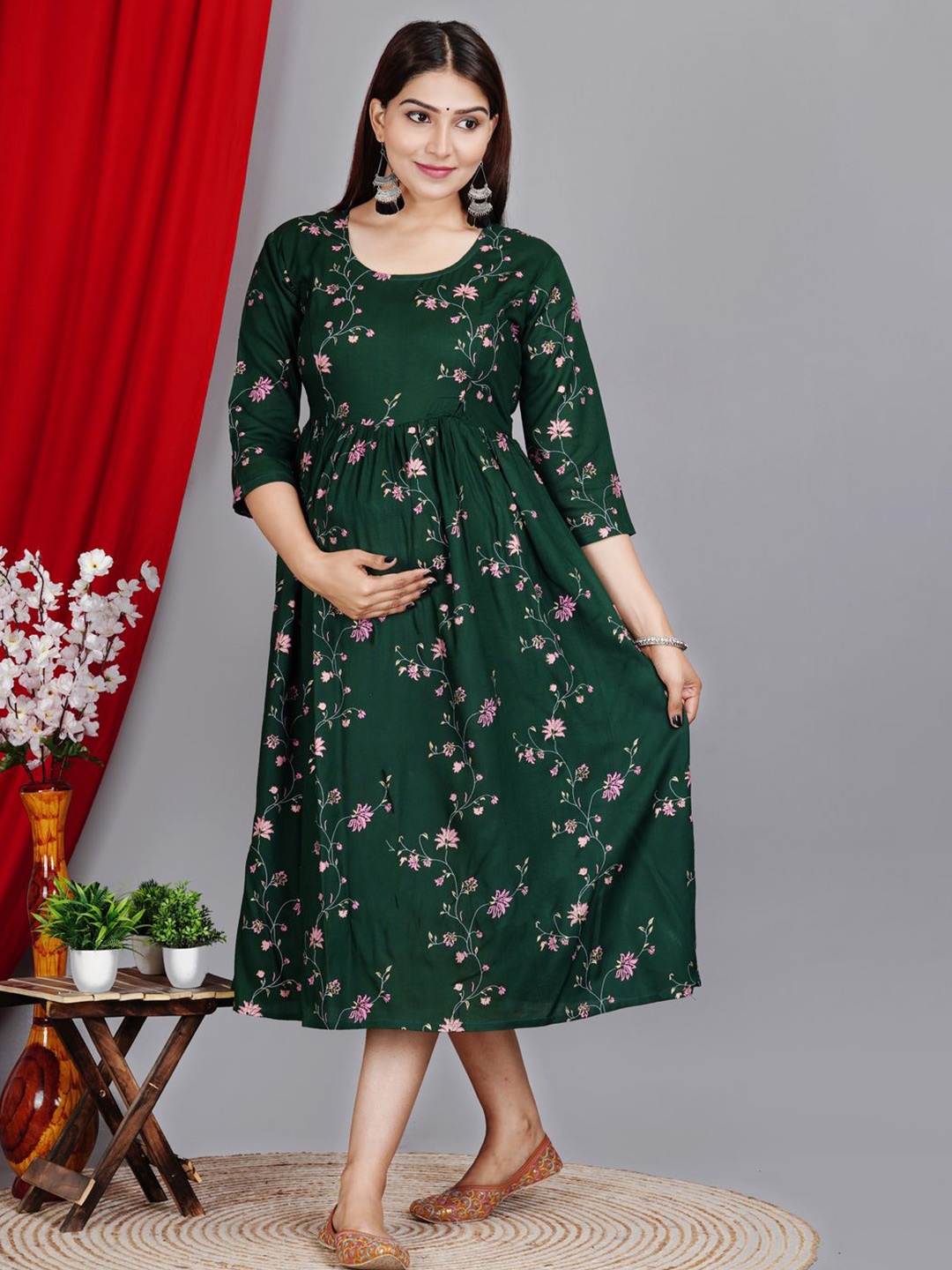 

Loyster Floral Printed Maternity Ethnic Fit & Flare Dress, Green