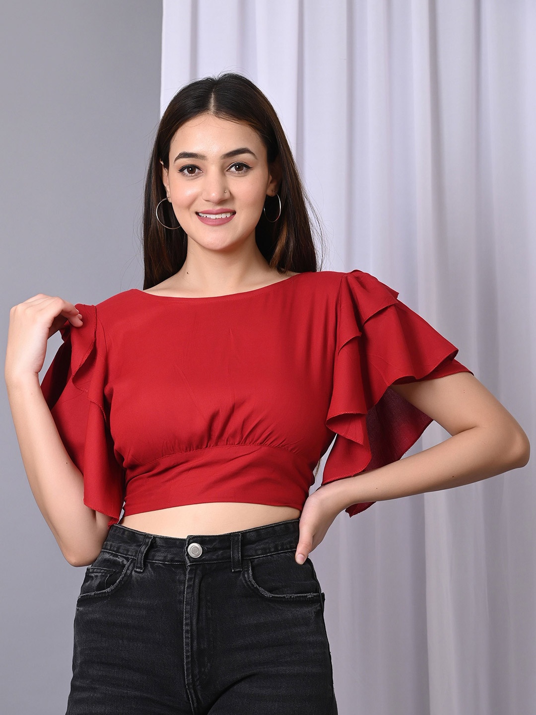 

VYMO Women Flutter Sleeve Ruffles Styled Back Crop Top, Maroon