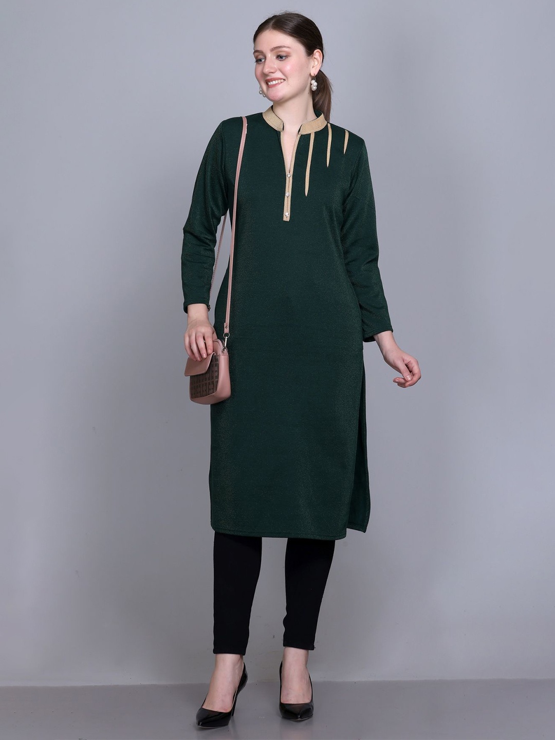 

ROSARY Winter Women Mandarin Collar Winter Straight Shimmer Kurta, Green