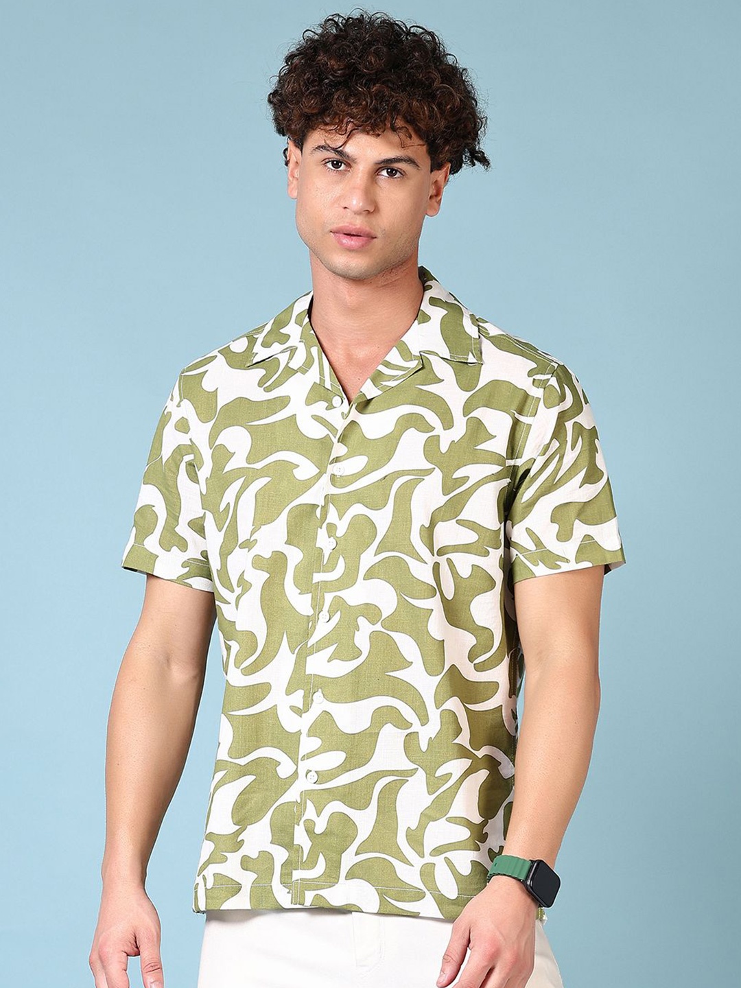 

V-Mart Men Cuban Collar Abstract Printed Cotton Casual Shirt, Green