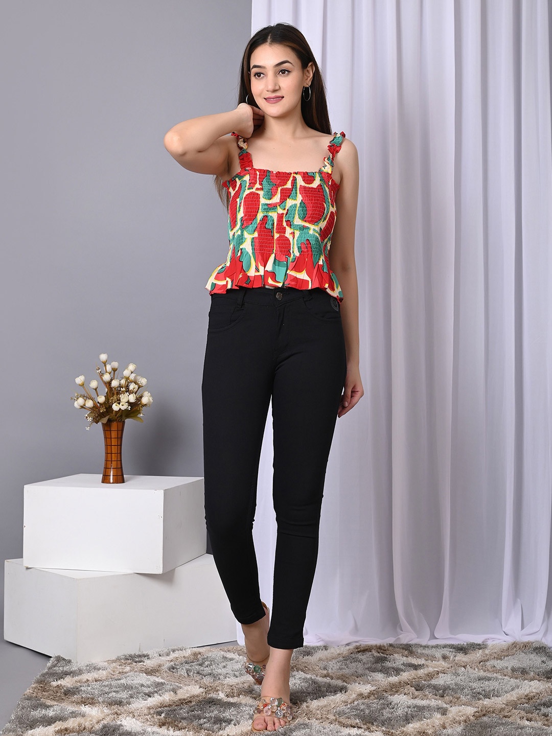 

VYMO Women Printed Smocked Peplum Crop Top, Red