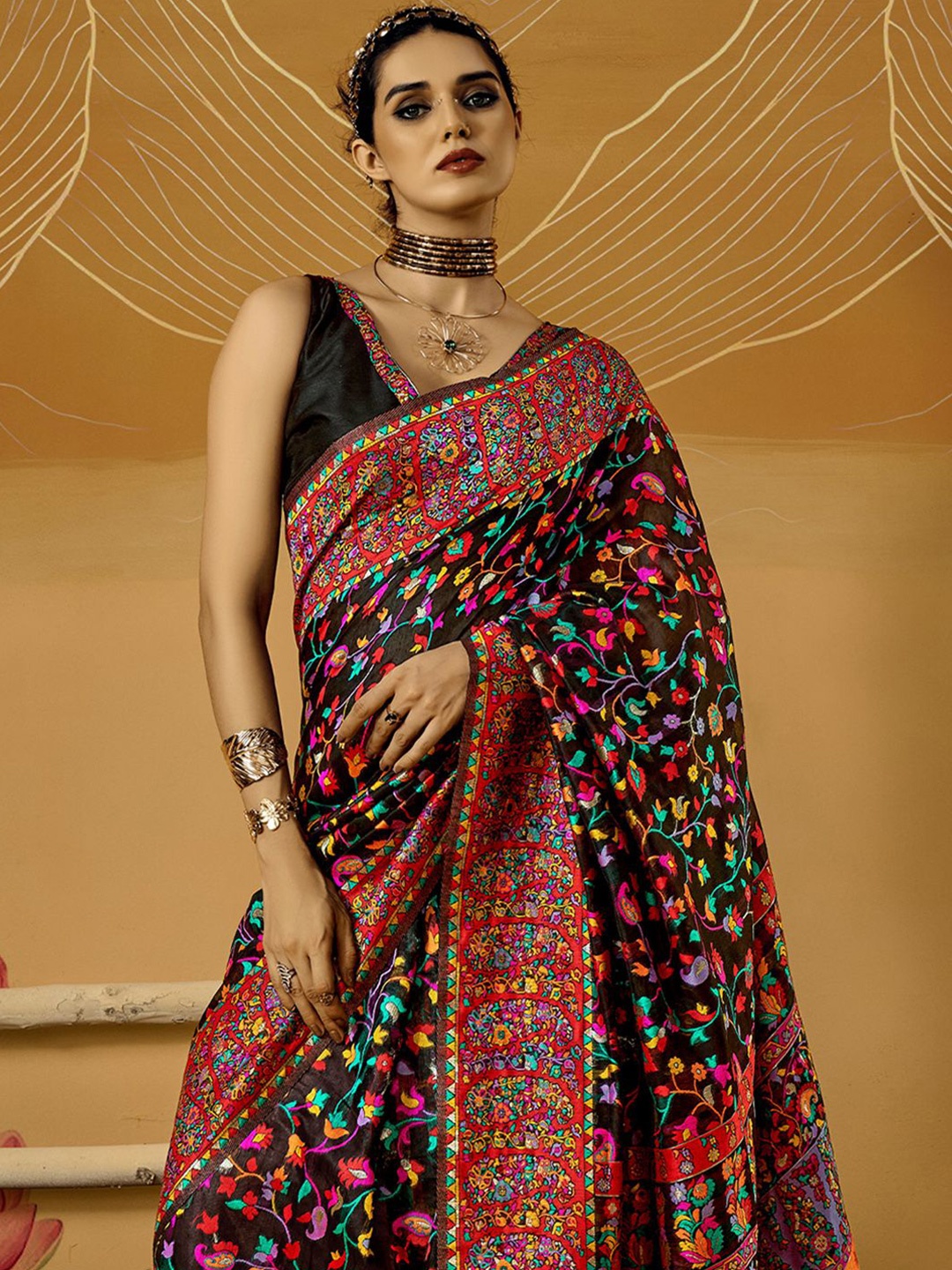 

Mitera Woven Design Zari Silk Cotton Saree, Black