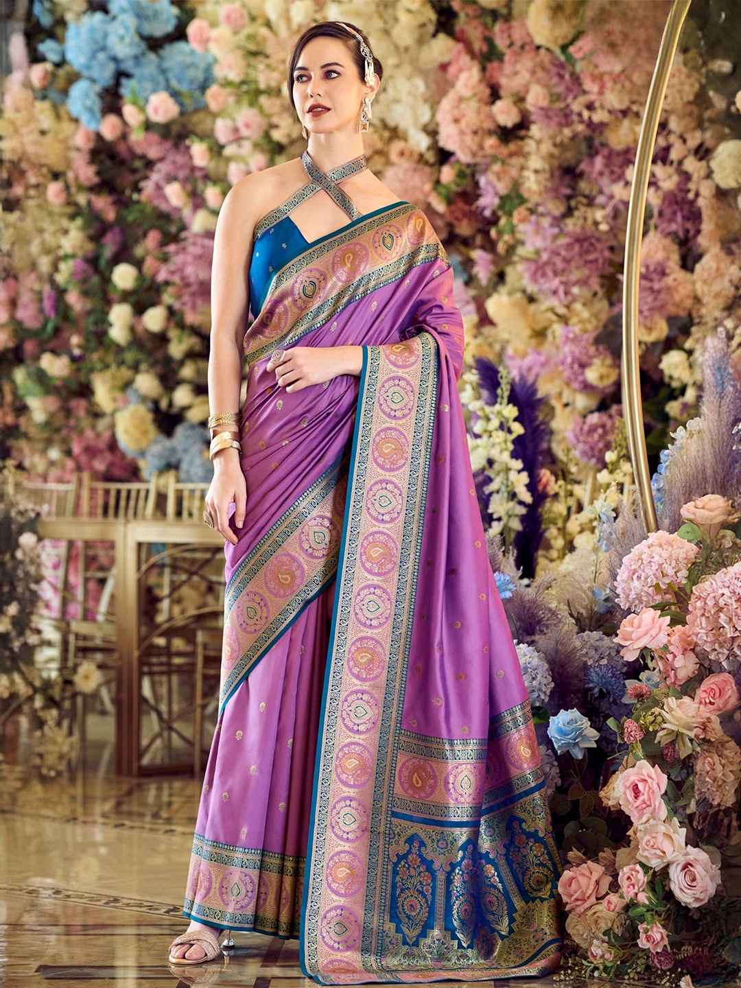 

MySilkLove Woven Design Zari Silk Blend Banarasi Saree, Purple