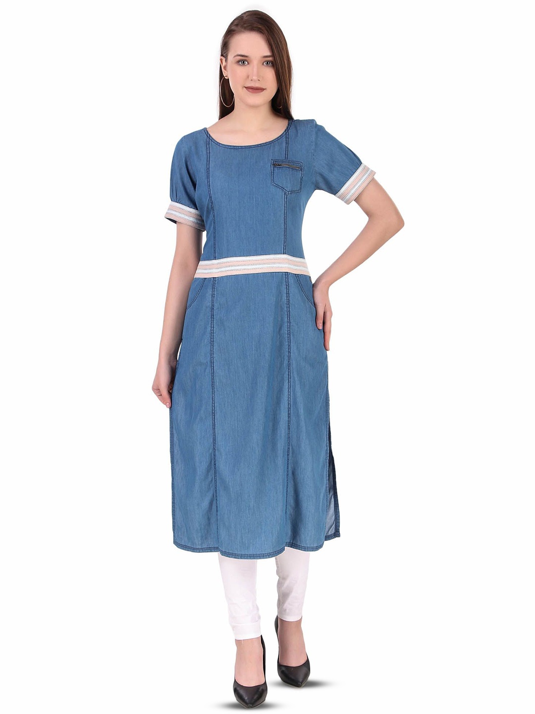 

Pose india Women Round Neck Pure Cotton Denim Straight Kurta, Blue