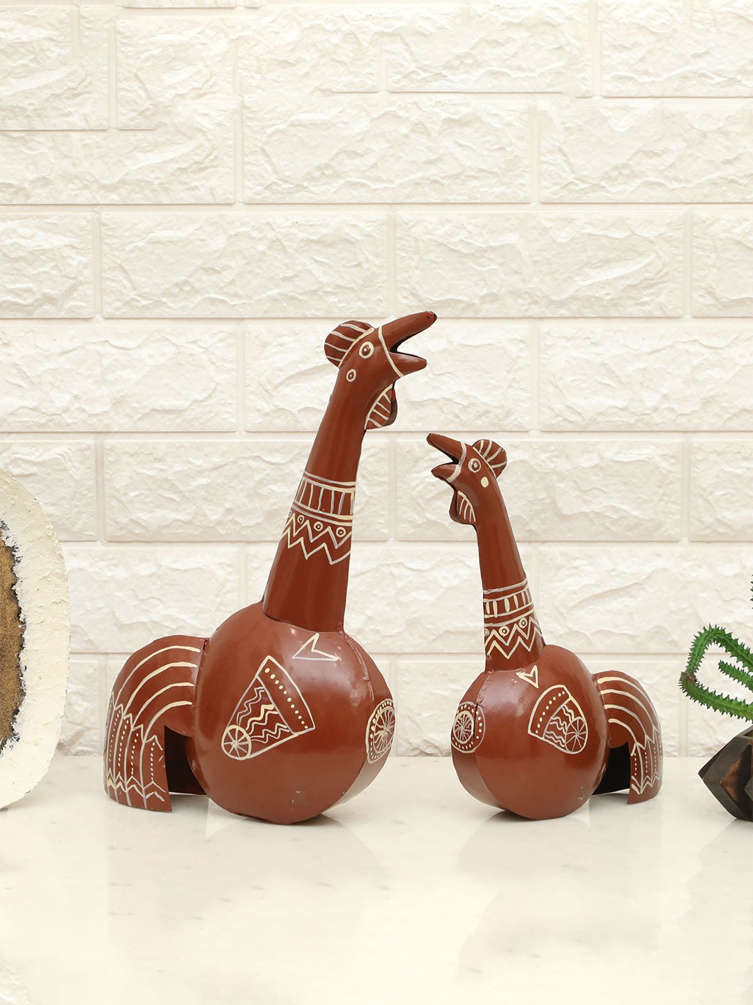 

vedas Mystical Indian Brown and White 2 Pieces Metal Birds and Animals Figurine Showpiece