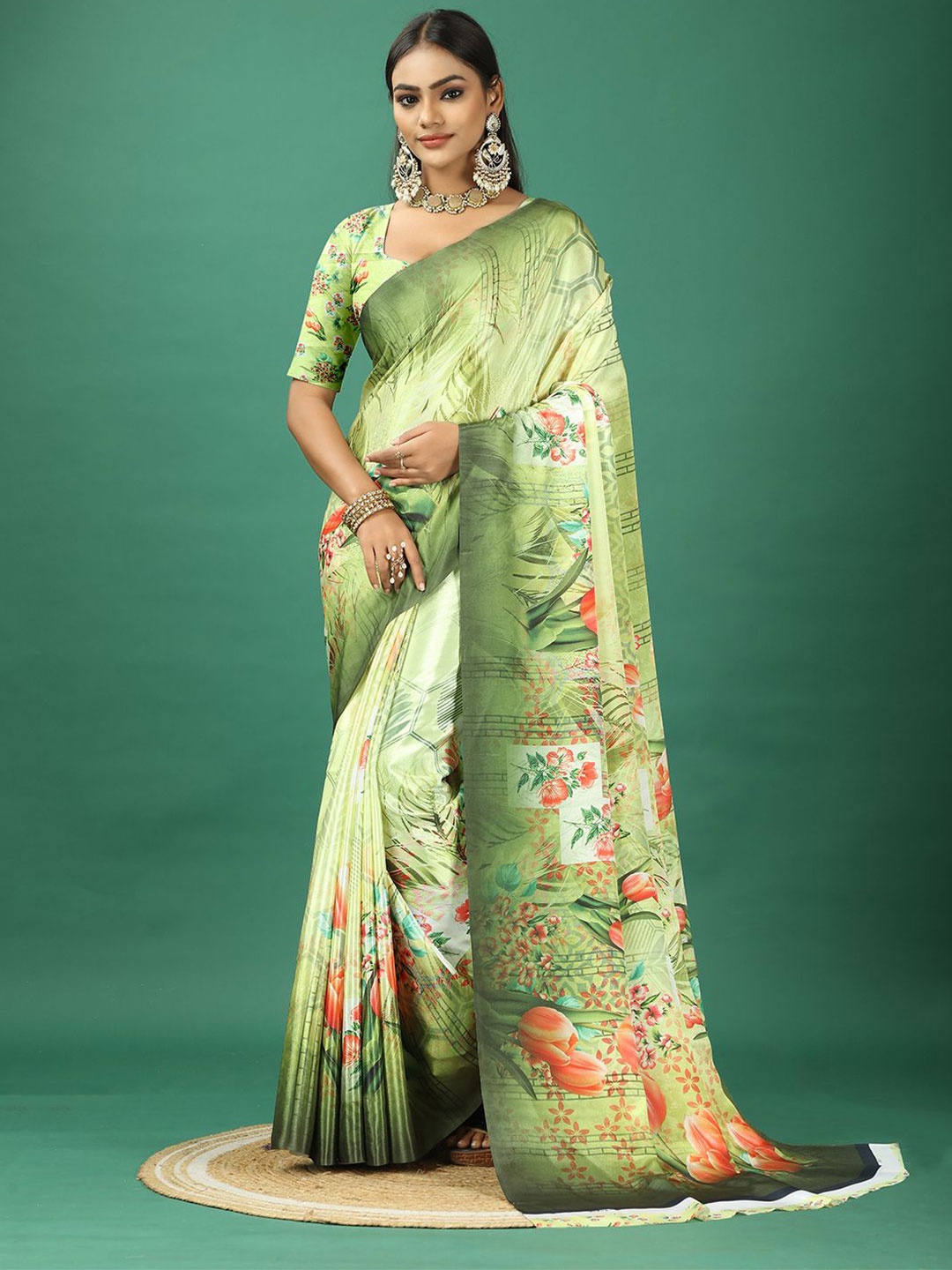 

NIRMAL CREATION Floral Printed Pure Crepe Saree, Green