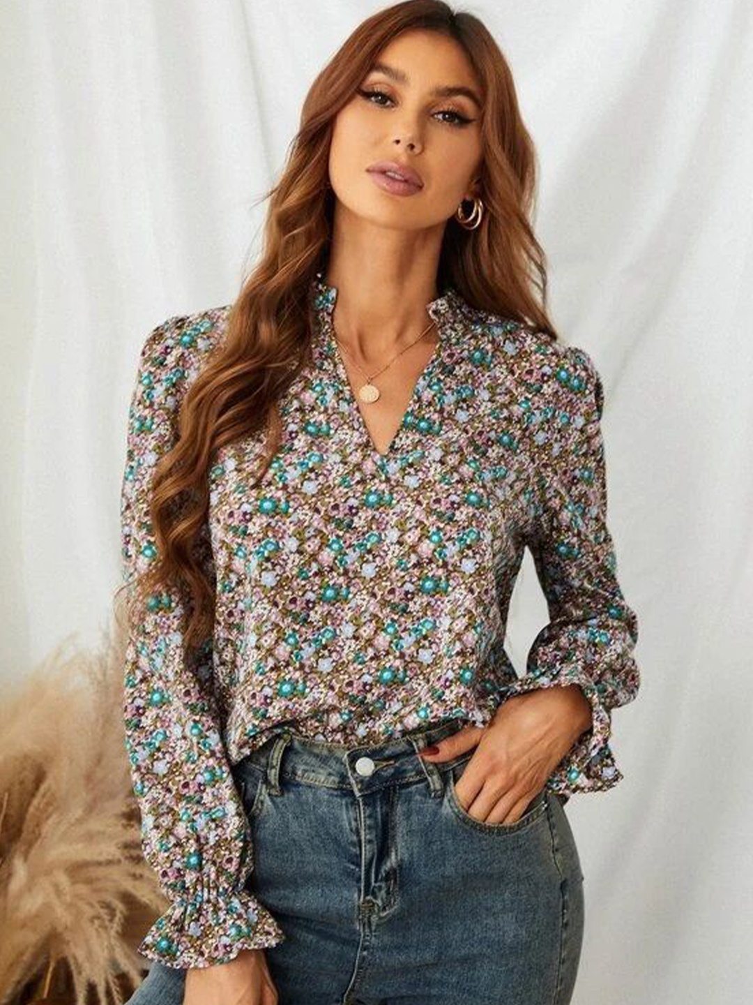 

Stylecast X Slyck Floral Print Mandarin Collar Puff Sleeve Ruffles Top, Teal