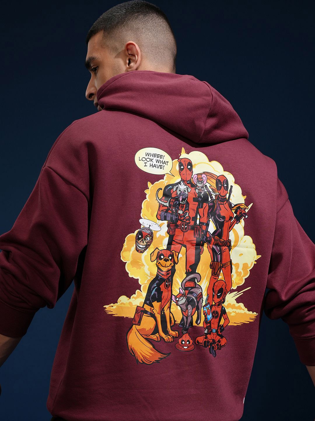 

HIGHLANDER Marvel Deadpool Men Oversized Drop Shoulder Hooded Sweatshirt, Maroon