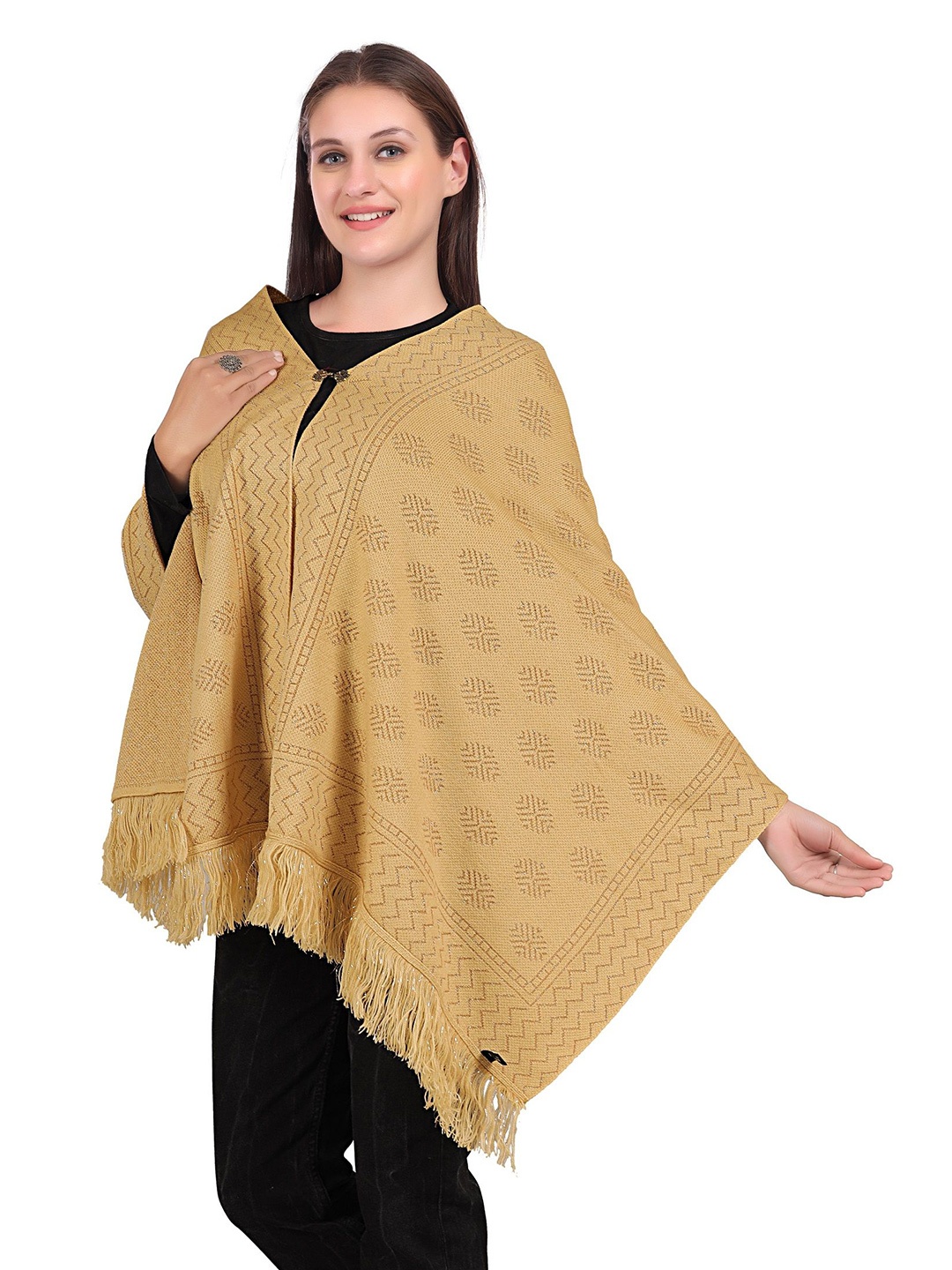 

Pampara Woven Design Fringed Stole, Beige