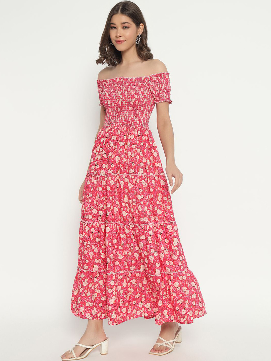 

Raiyani Enterprise Print Off-Shoulder Crepe Fit & Flare Maxi Dress, Peach