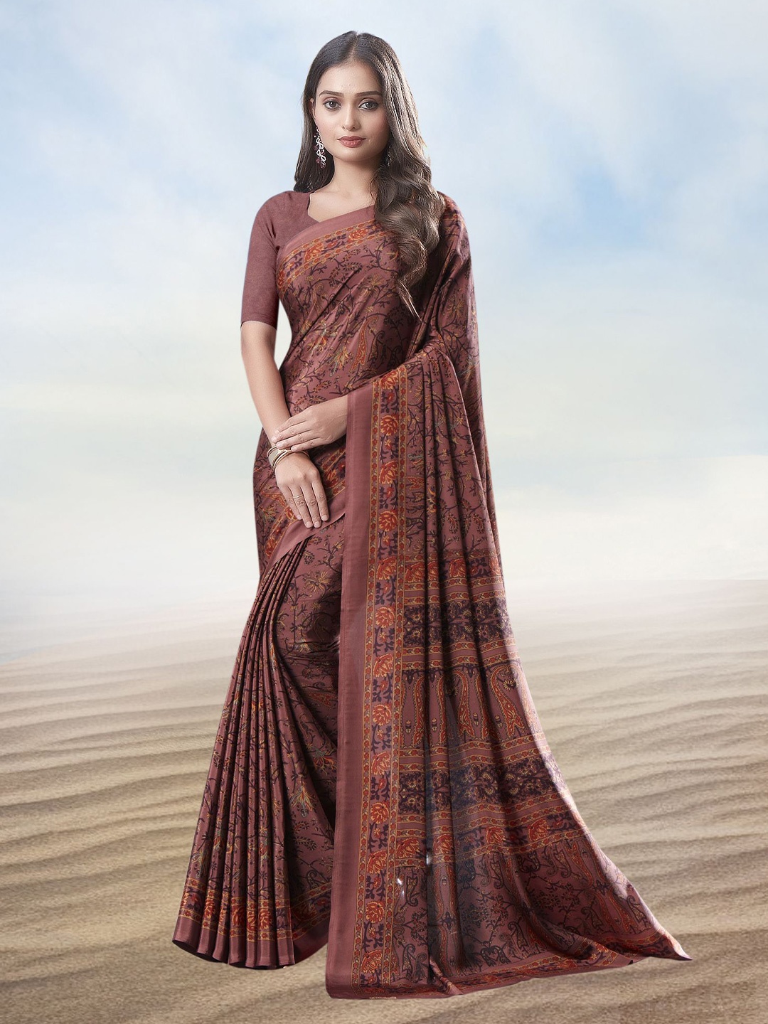 

Kasak Floral Printed Pure Crepe Saree, Brown