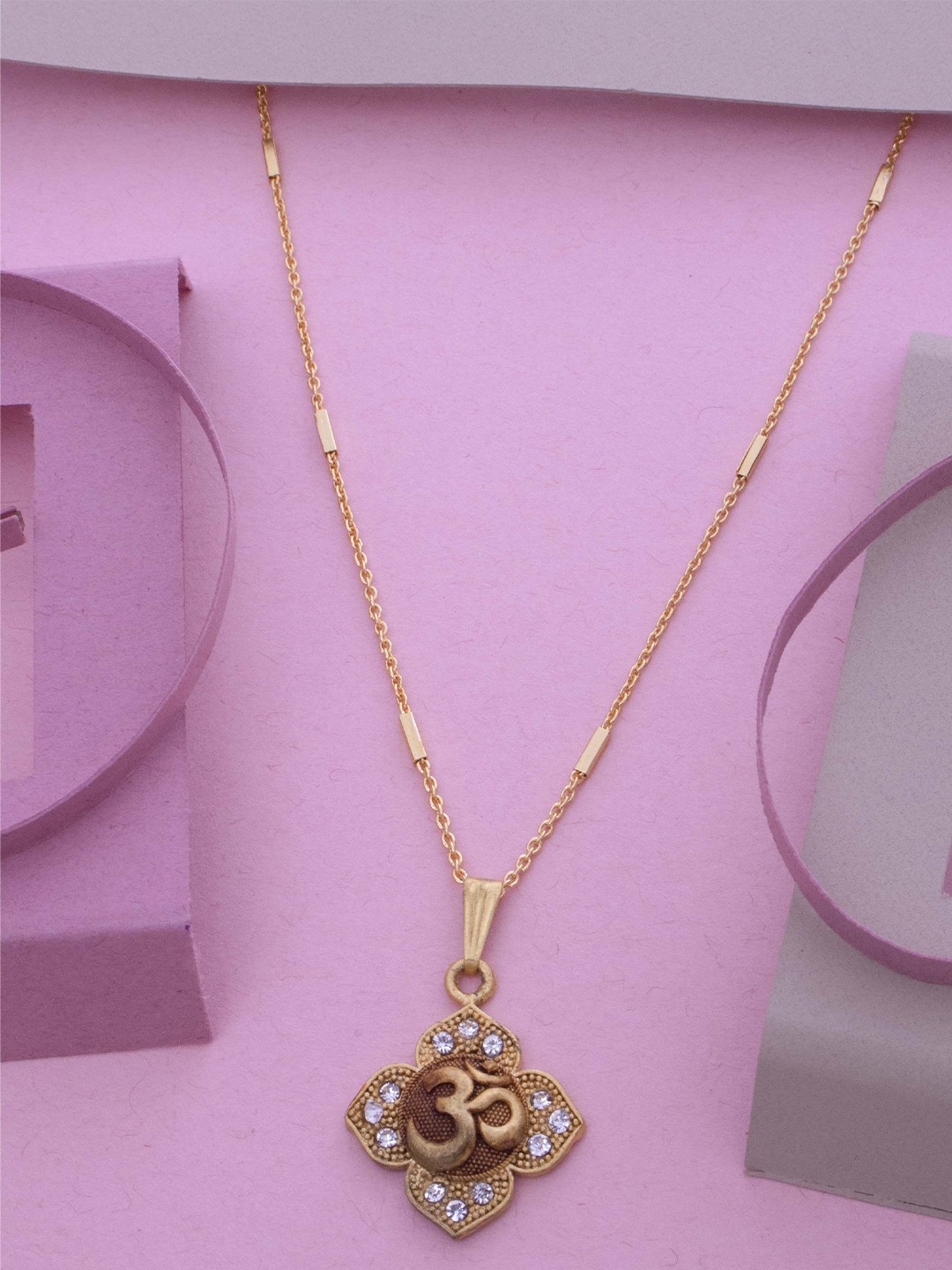 

Ramdev Art Fashion Jwellery Gold-Plated Stone Studded Om Shaped Pendant With Chain