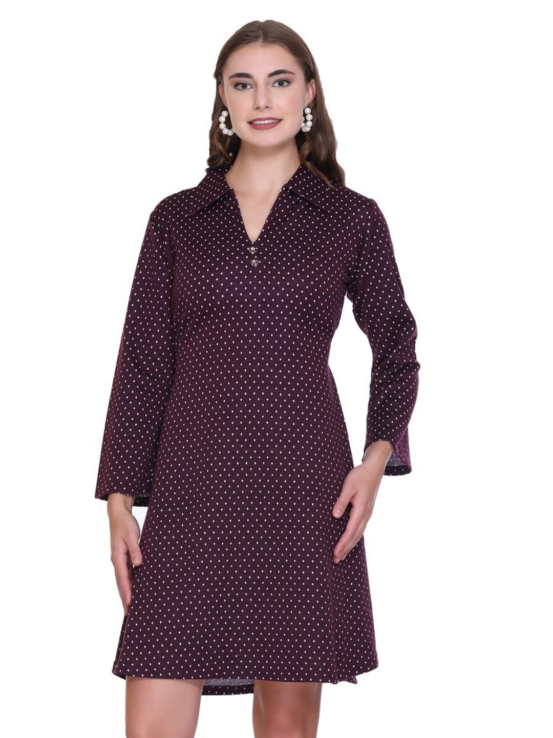 

ROSARY Winter Polka Dot Printed Shirt Collar Neck Kurta, Maroon