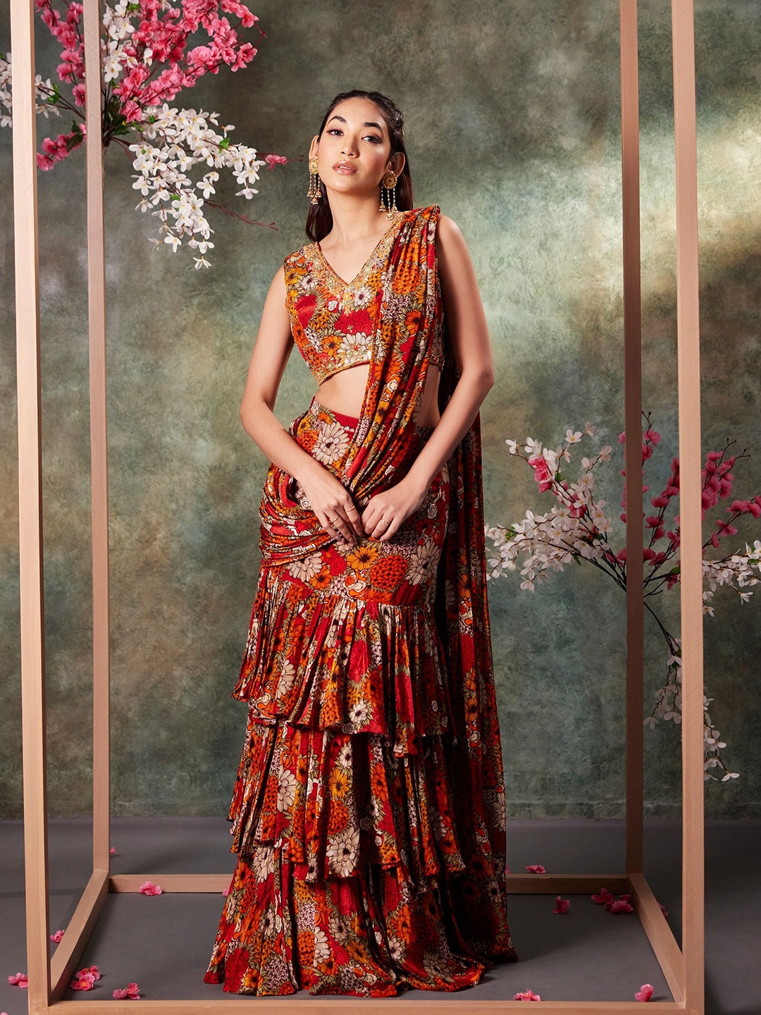 

Mehak Murpana Floral Beads and Stones Pure Crepe Palazzo Saree, Orange