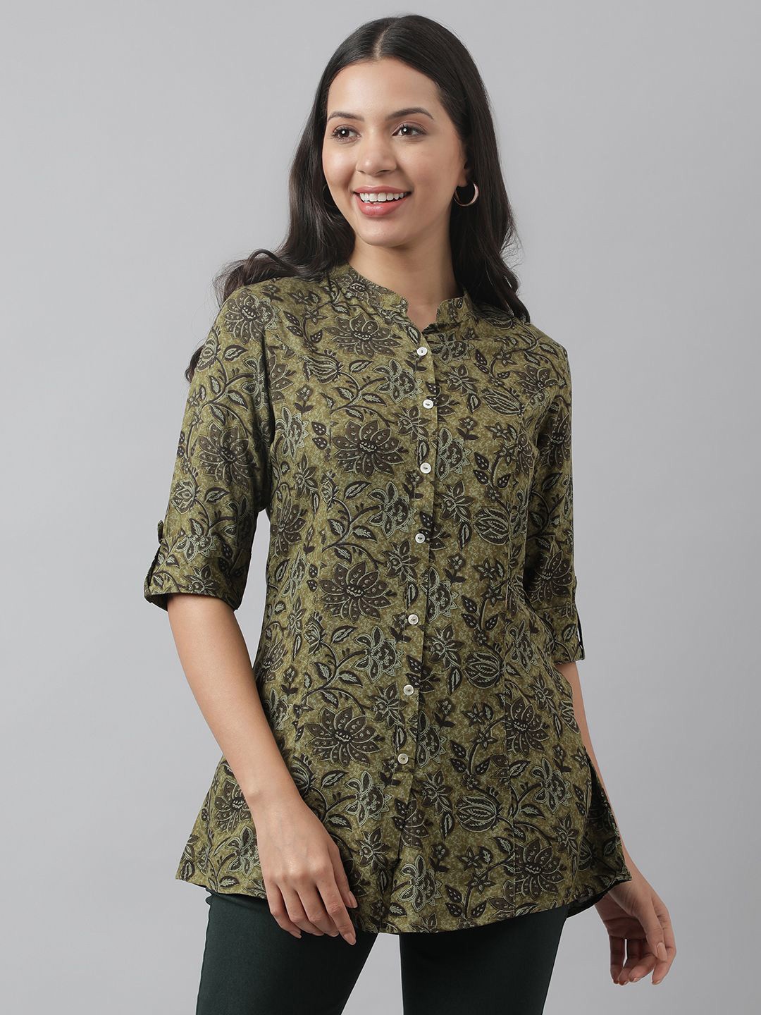 

BAESD Women Floral Printed Mandarin Collar Roll-Up Sleeves Shirt Style Top, Olive