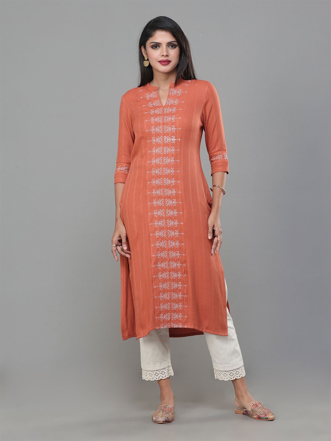 

Vismay Floral Embroidered Thread Work Mandarin Collar Jaquard Straight Kurta, Rust