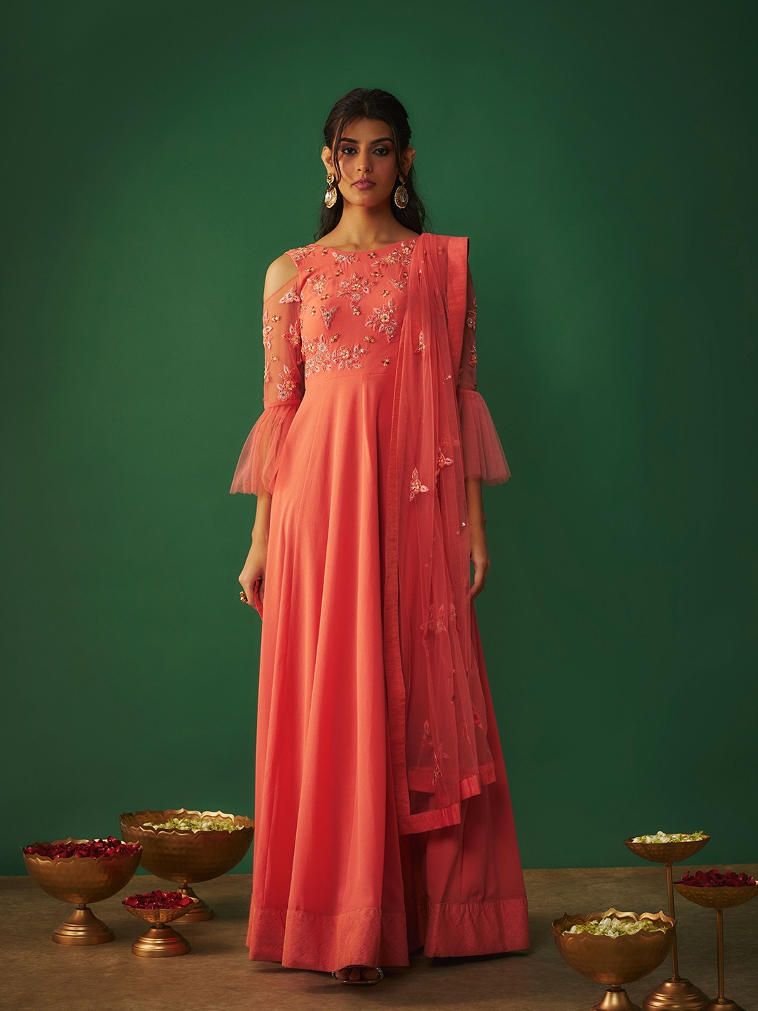 

Mehak Murpana Bell Sleeve Maxi Dress, Coral