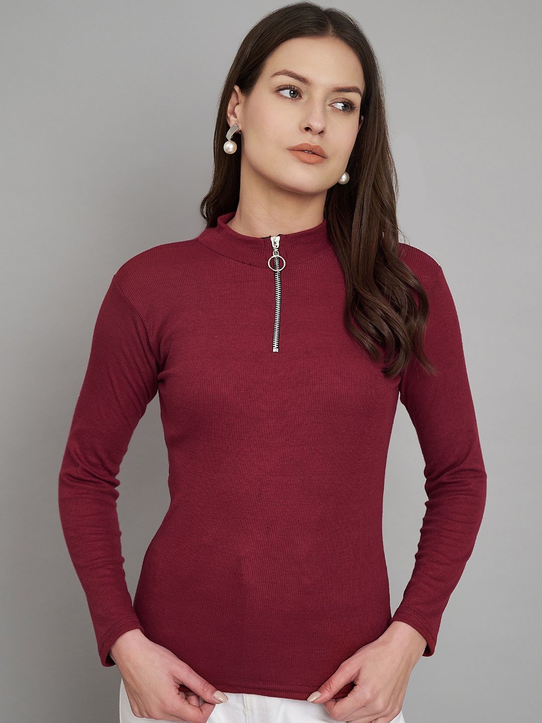 

Trend Level Women High Neck Cotton Top, Maroon