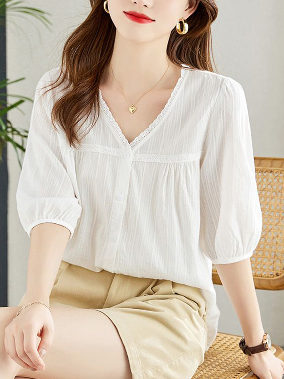 

StyleCast Women V-Neck Three-Quarter Sleeves Cotton Top, White