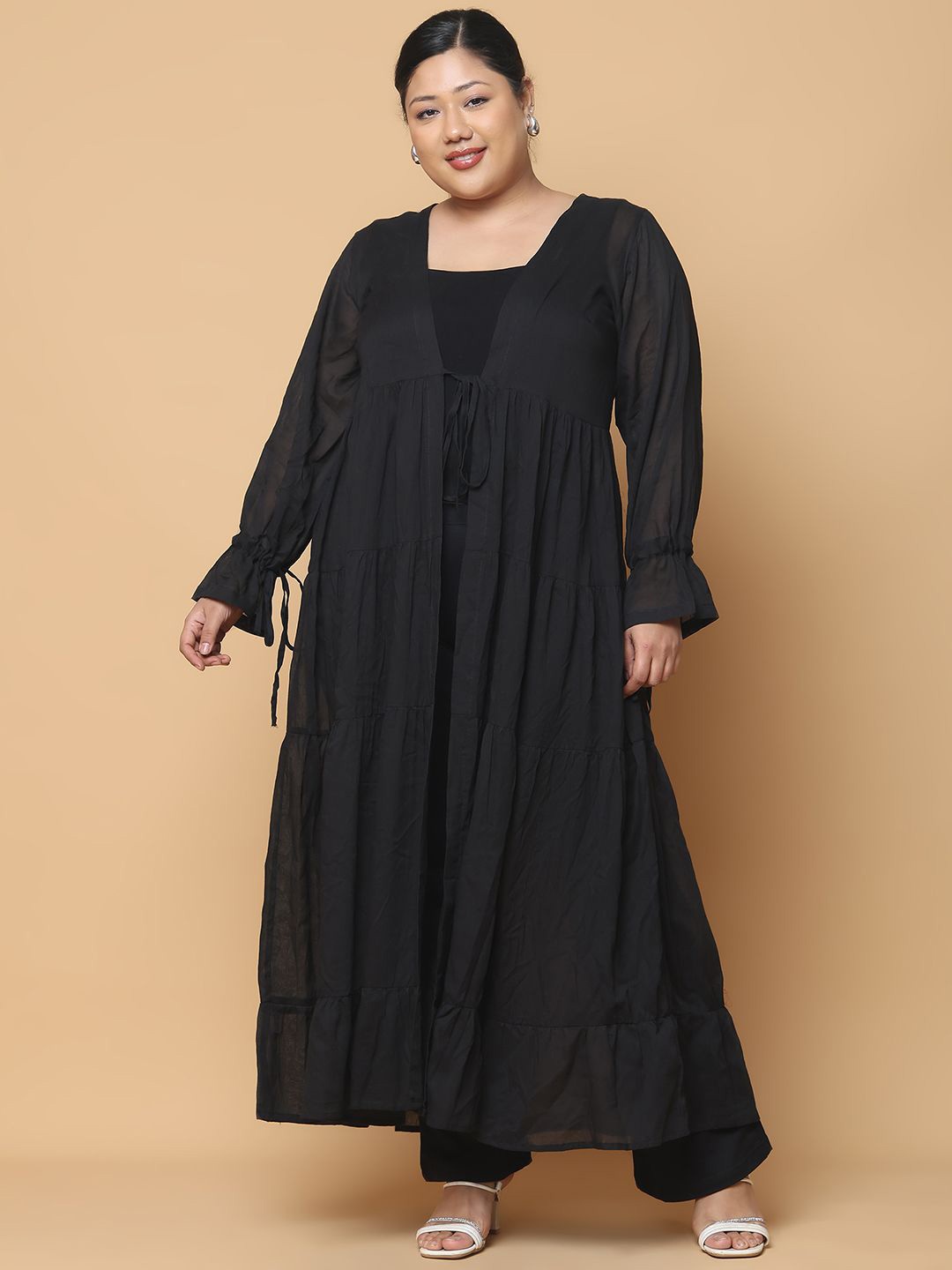 

theRebelinme Plus Size Bell Sleeves Gathers Longline Pure Cotton Tie-Up Shrug, Black