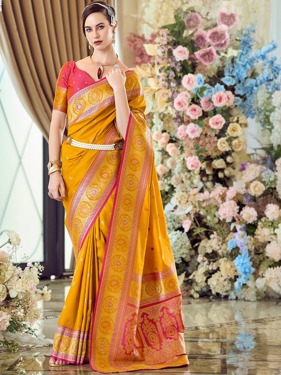 

MySilkLove Woven Design Zari Silk Blend Banarasi Saree, Yellow