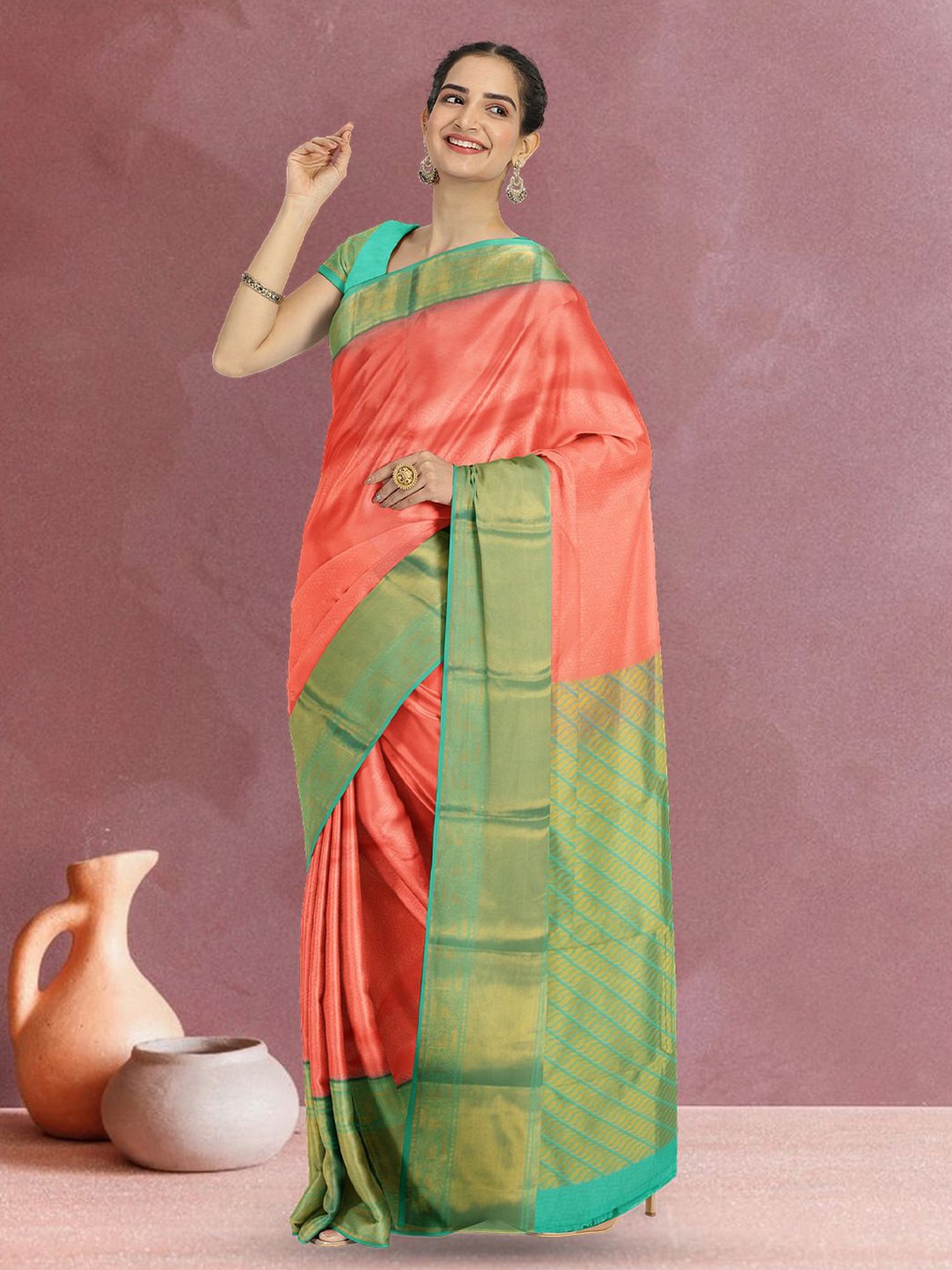 

Avishya Woven Design Zari Silk Blend Kanjeevaram Saree, Peach