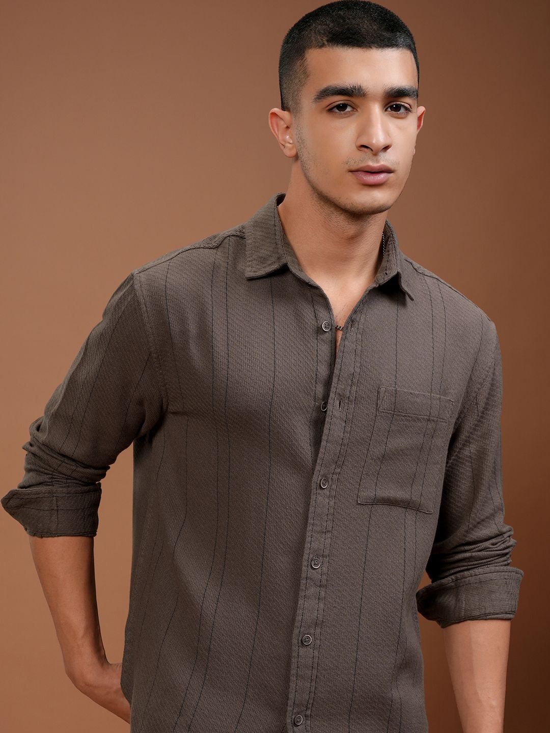 

HIGHLANDER Men Relaxed Fit Spread Collar Textured Cotton Casual Shirt, Brown