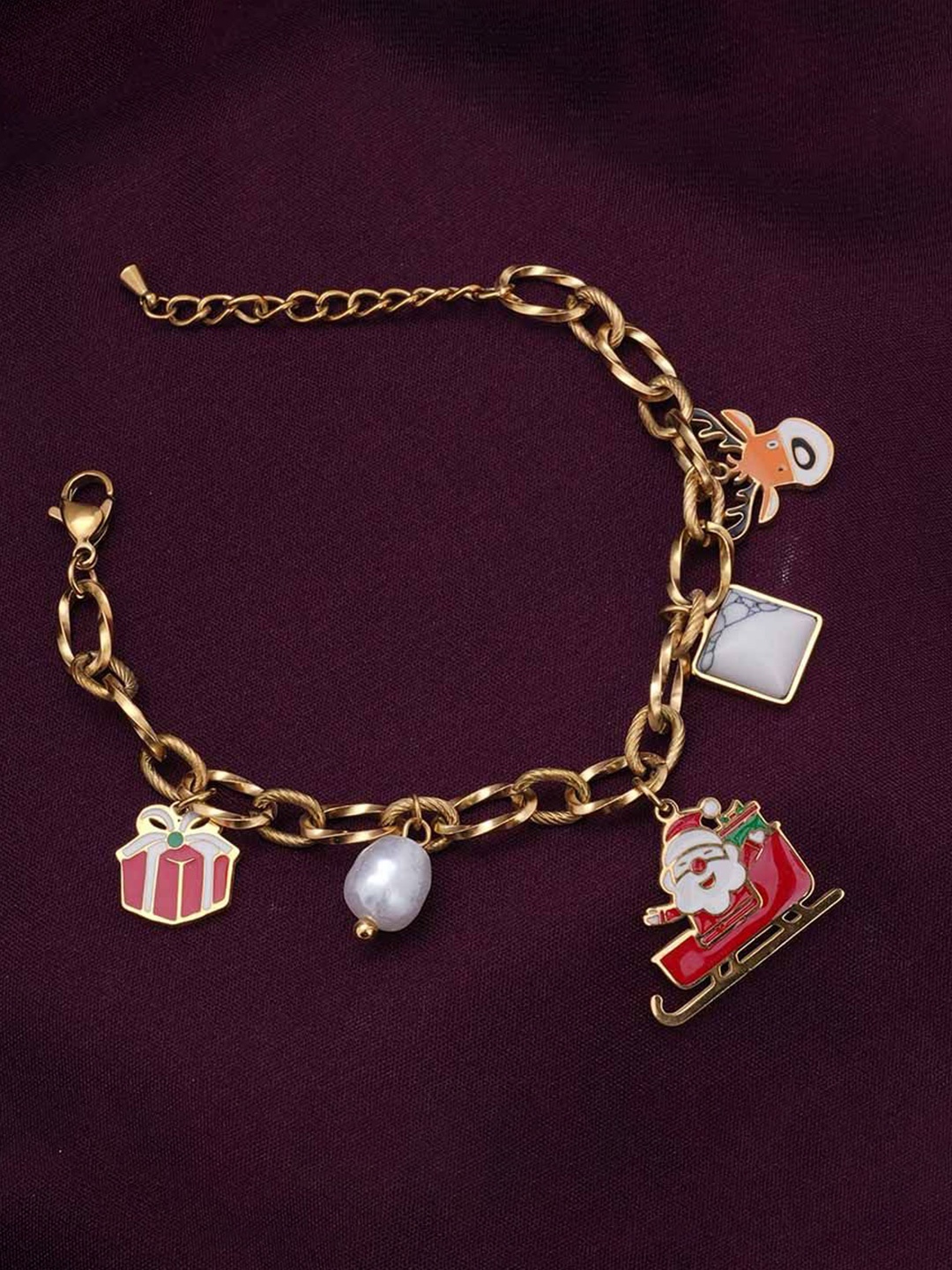 

PALMONAS Women Pearls Gold-Plated Anti-Tarnish Christmas Santa Claus Charm Bracelet