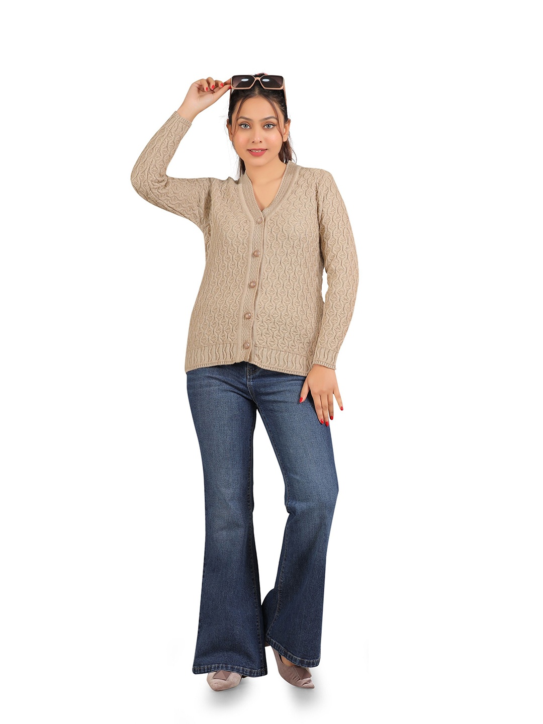 

Pampara Women Woollen Cable Knit Cardigan, Beige