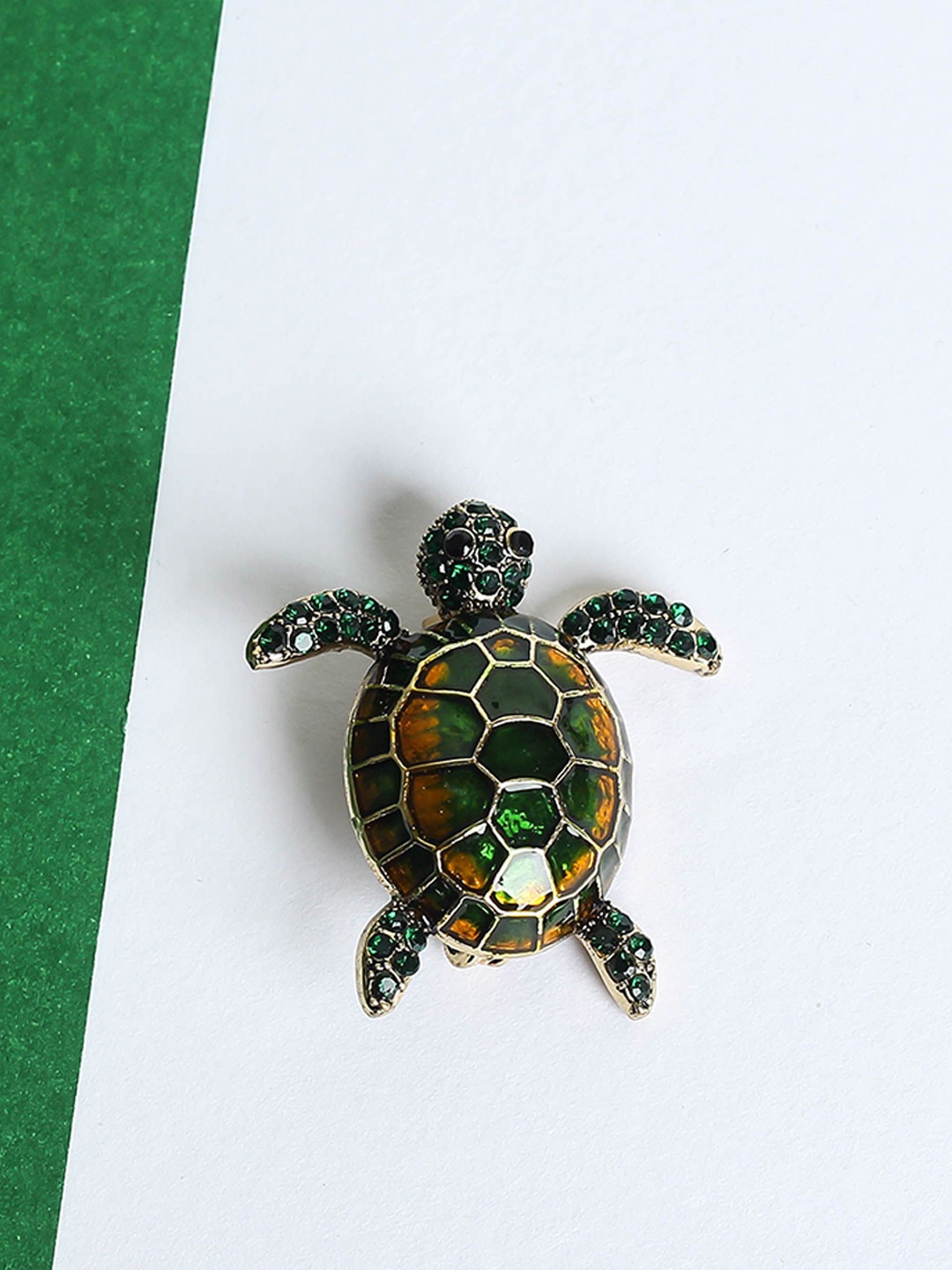 

Tossido Men Artificial Stone Studded Turtle Brooch, Green