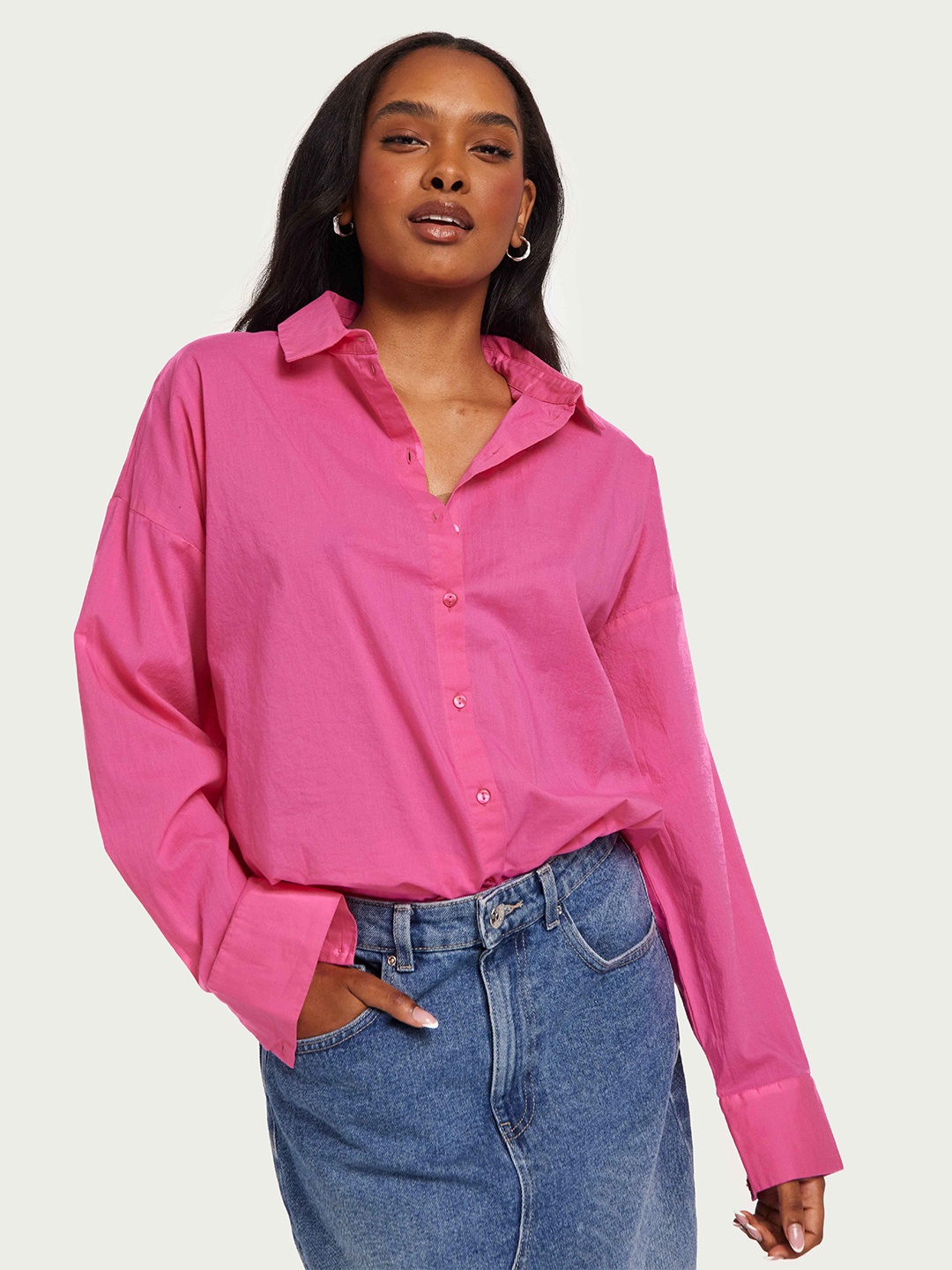 

WHY SO FAB Women Comfort Oversized Fit Spread Collar Solid Cotton Casual Shirt, Pink