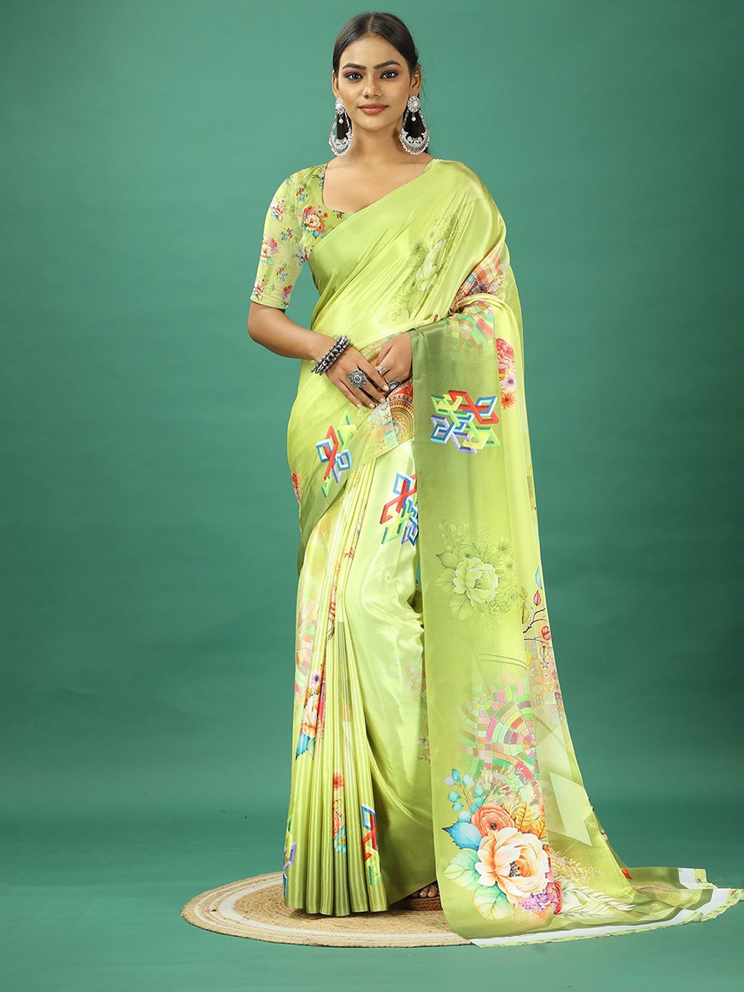 

NIRMAL CREATION Floral Printed Pure Crepe Saree, Lime green