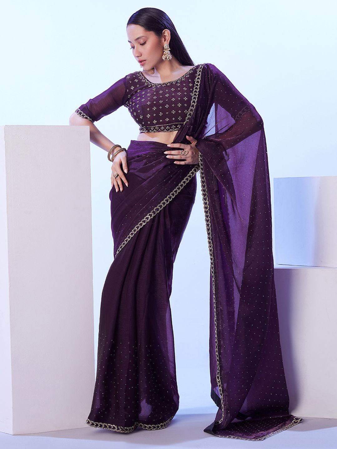 

Mitera Embellished Beads and Stones Tissue Saree, Purple