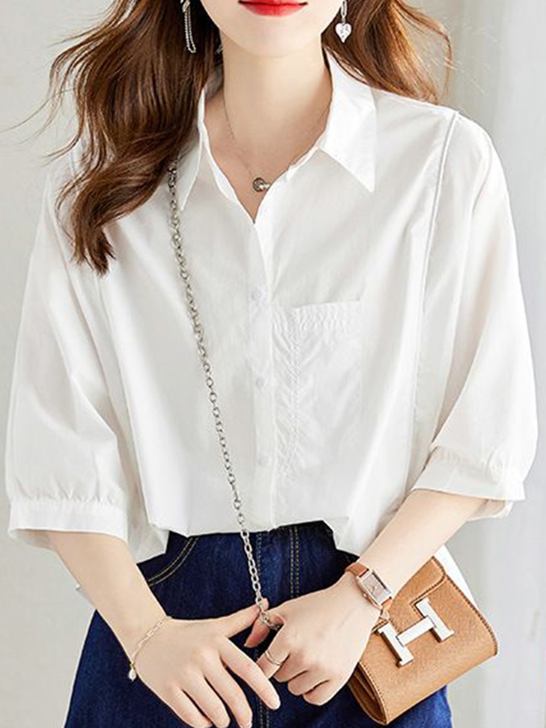 

StyleCast Women Three-Quarter Sleeves Cotton Shirt Style Top, White