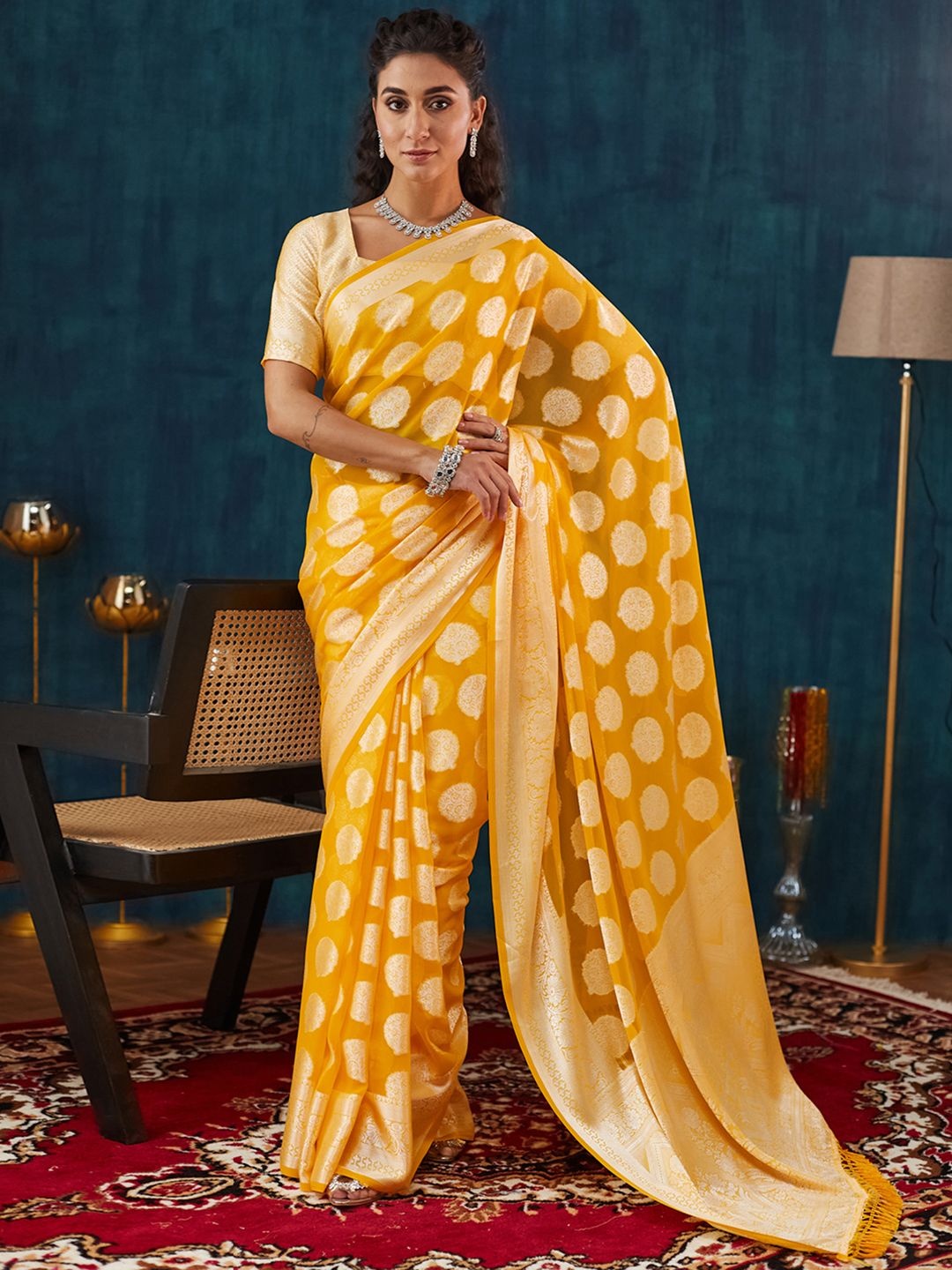 

Satrani Woven Design Zari Pure Georgette Saree, Yellow