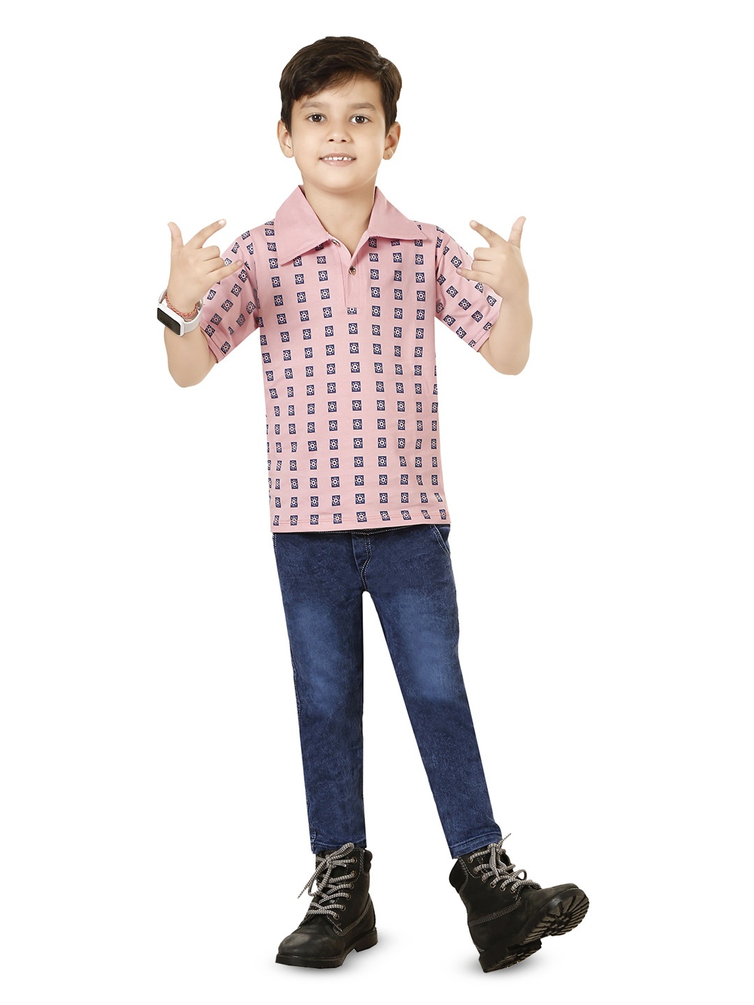 

LUCII Boys Printed Shirt Collar T-shirt With Jeans, Pink