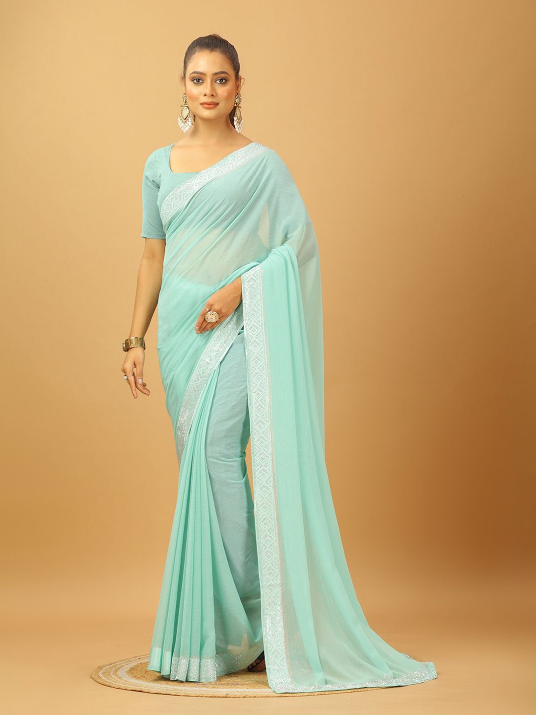 

A.V.M. SILK MILLS Beads and Stones Pure Chiffon Saree, Green
