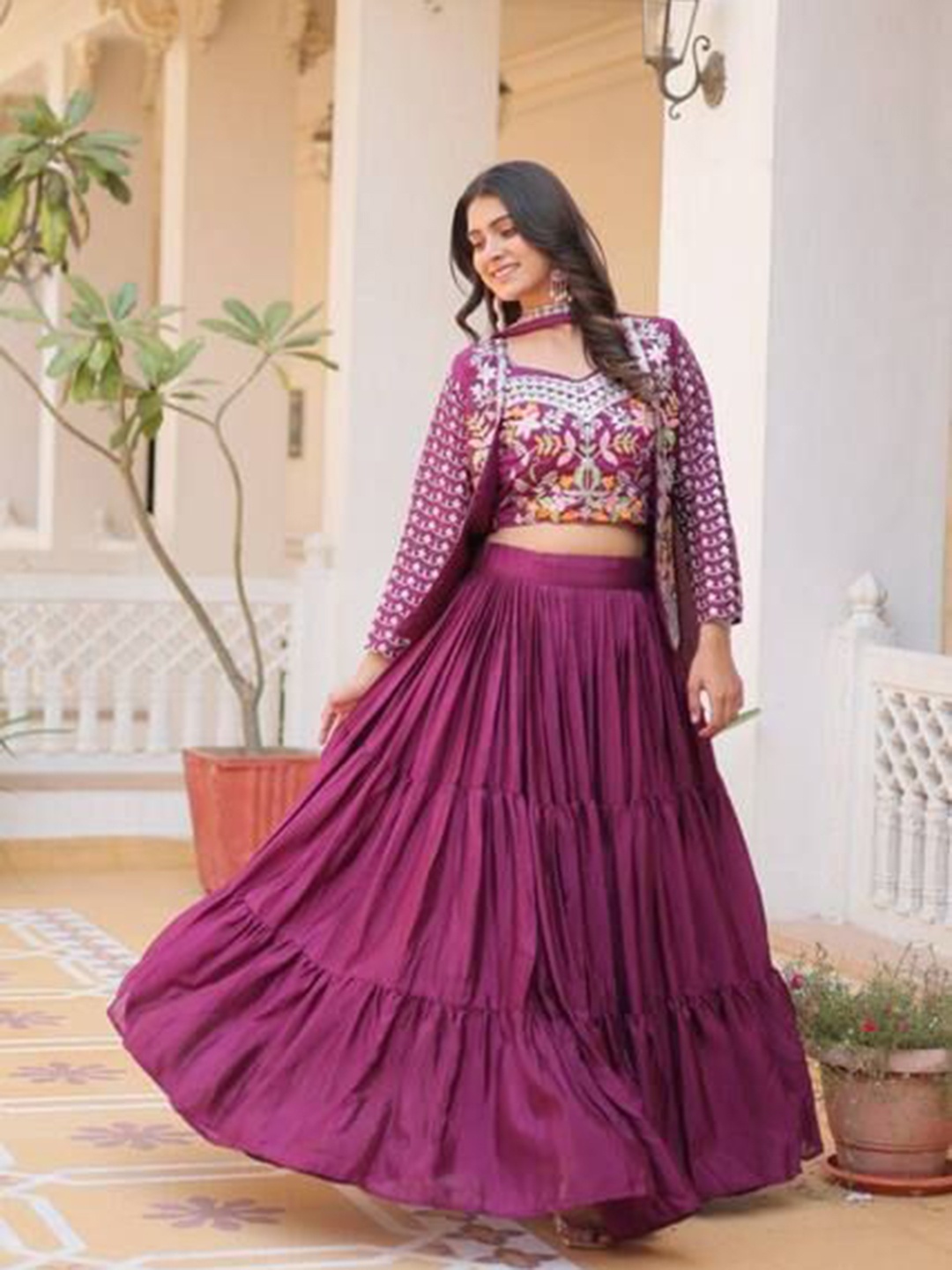 

KALINI Embroidered Mirror Work Ready to Wear Lehenga & Blouse With Dupatta, Pink