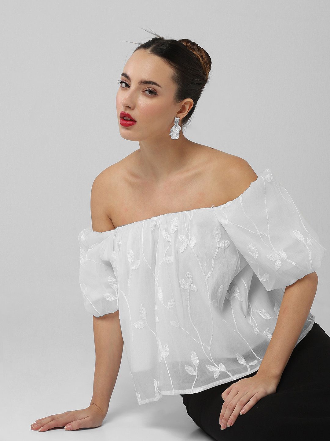 

SHOWOFF Women Floral Embroidered Off-Shoulder Bardot Top, White