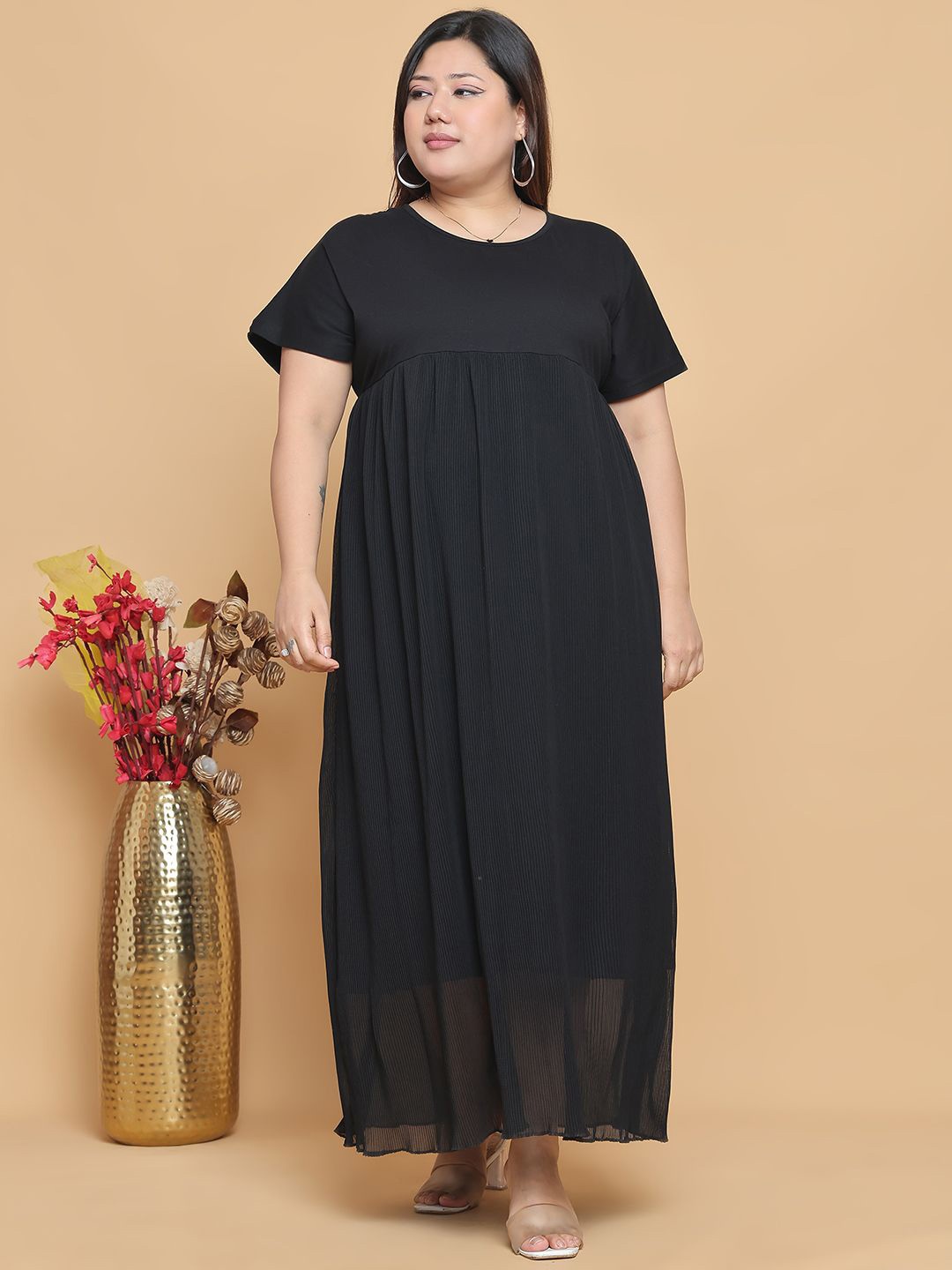 

theRebelinme Women Round Neck Cotton Plus Size A-Line Maxi Dress, Black