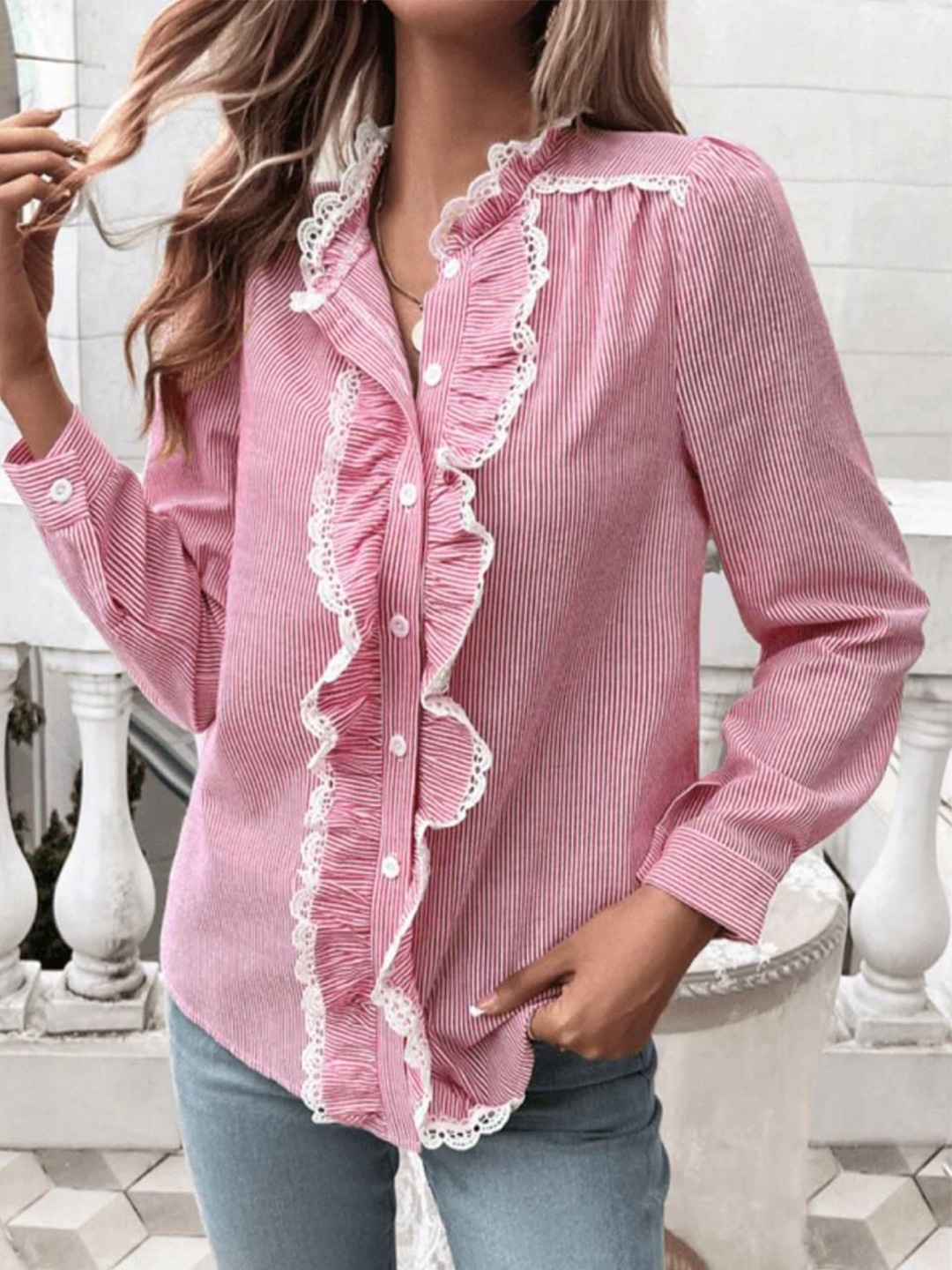 

Just Fab Women Standard Vertical Striped Pure Cotton Casual Shirt, Pink