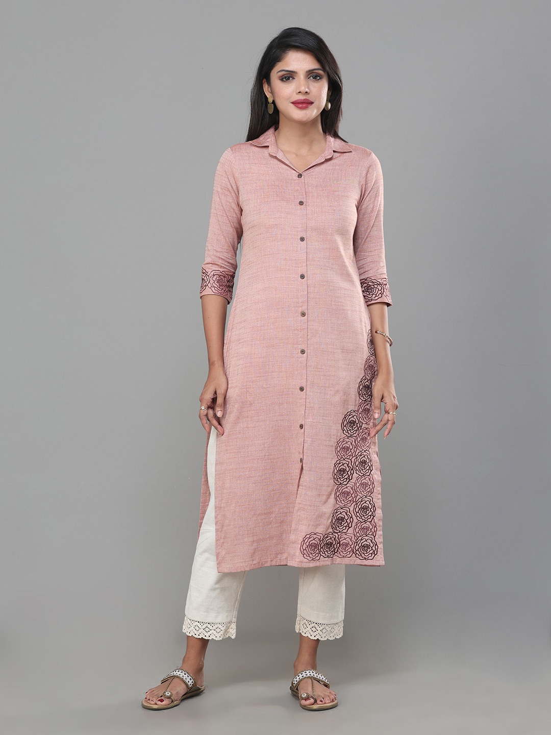 

Vismay Embroidered Shirt Collar Straight Kurta, Pink