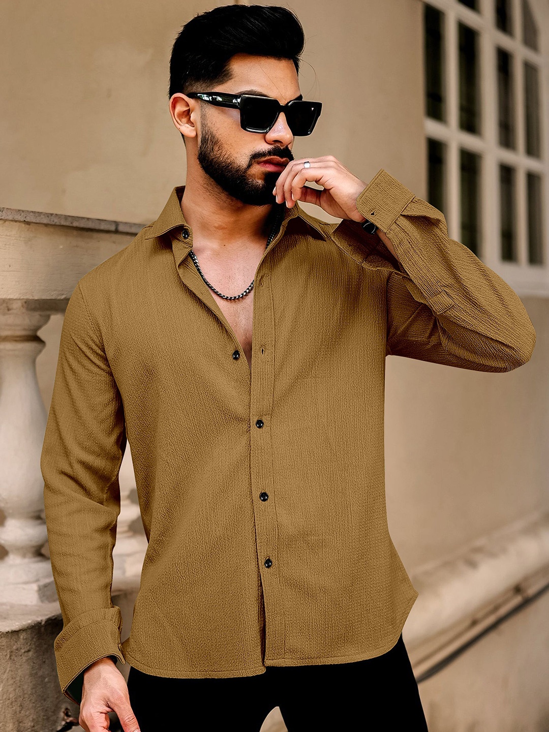 

KHUSHI CREATION Men Original Spread Collar Textured Casual Shirt, Mustard